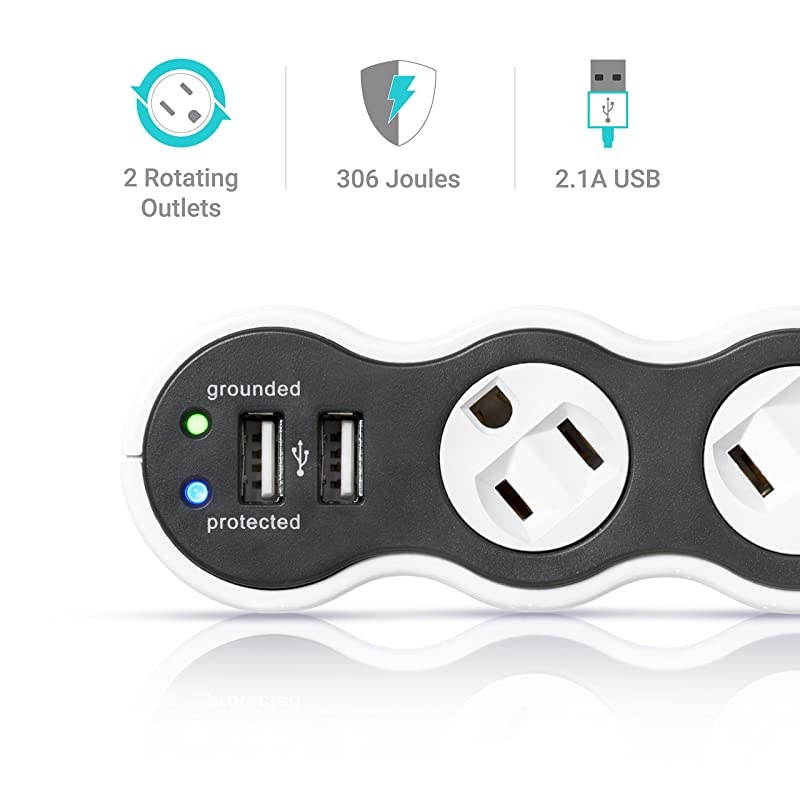 Electrical 532CA6ESR2 Mini Surge Protector 2Outlet + 2USB White and Gray 12