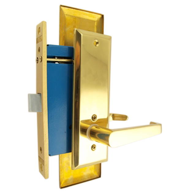 Maxtech (Like Marks Metro 116DW/3-X) Polished Brass Wide Face Plate Left Hand Heavy Duty Mortise Lock Lever Always Locked Storeroom Latch Only 2-1/2" Lock Set, Screwless Lever Thru Bolted Lockset