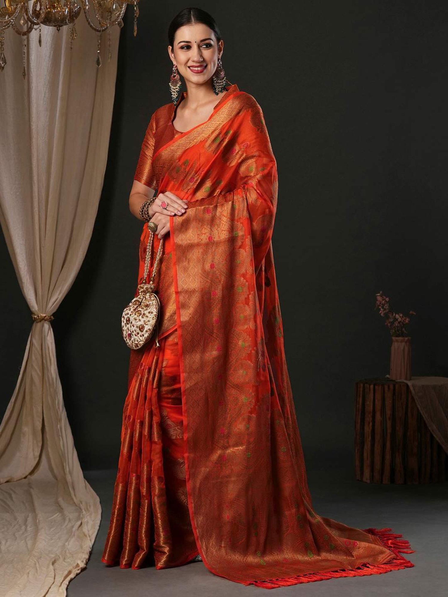 Saree Mall Orange Woven Saree With Unstitched Blouse