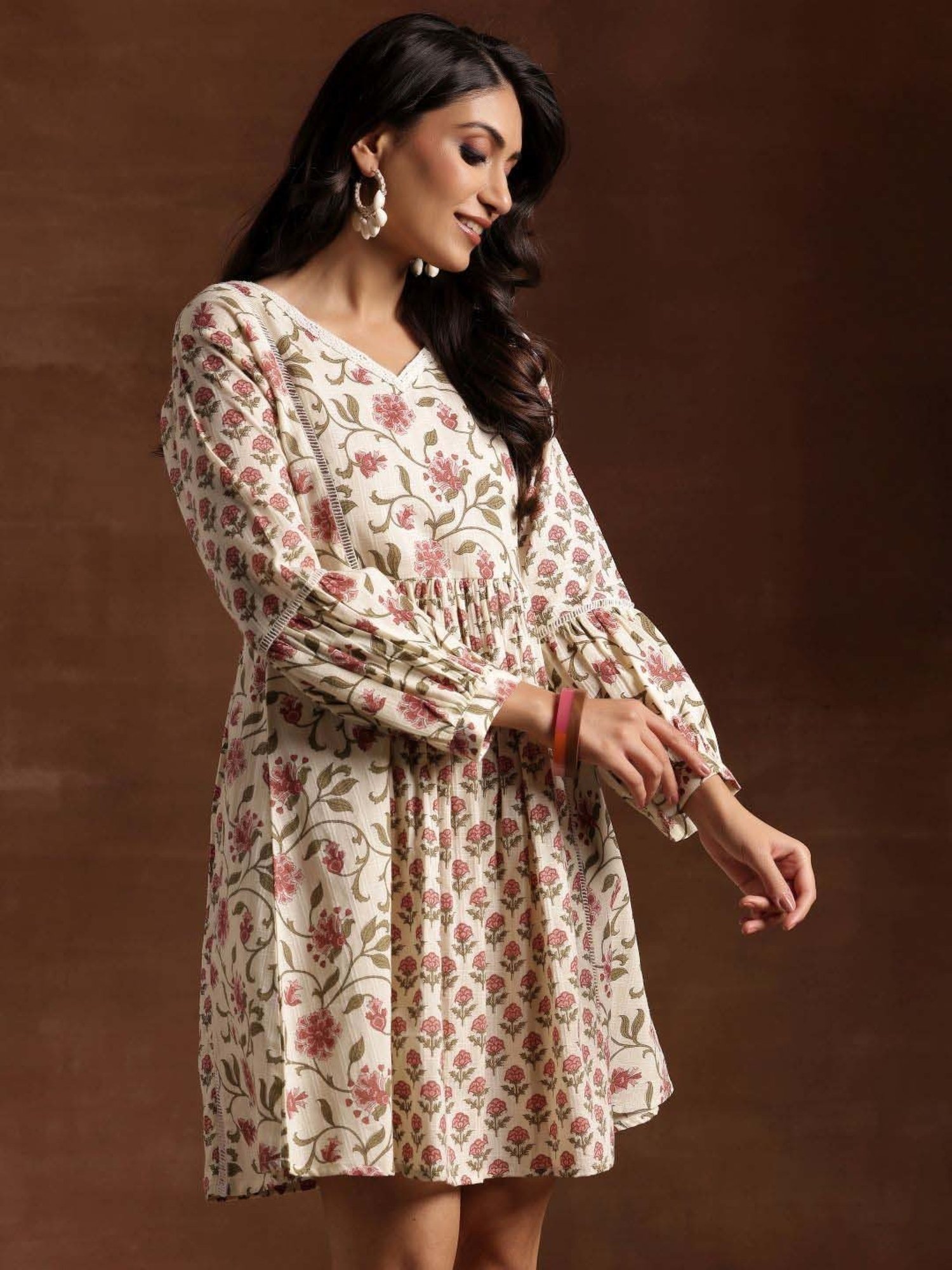 Libas Beige Cotton Printed A-Line Dress