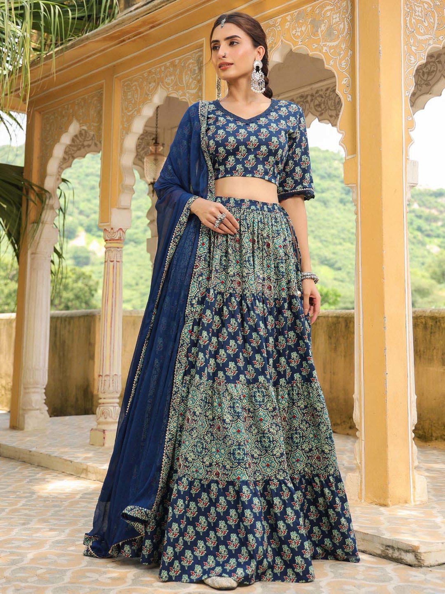 Janasya Blue Cotton Printed Lehenga Choli Set With Dupatta