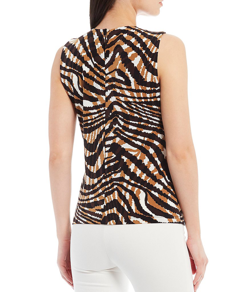 Calvin Klein Swirl Stripe Print Sleeveless Matte Jersey Pleat Jewel Neck Top