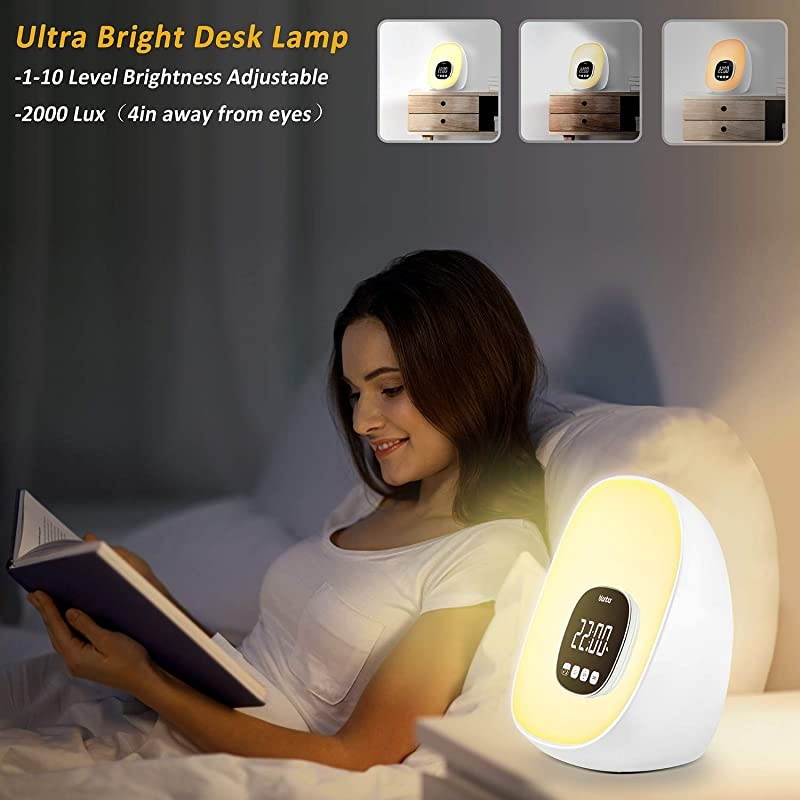 Wake-Up Light Alarm Clock  Sunrise Alarm Clock with Radio for Bedrooms, 7 Colored Night Light, Snooze, Adjustable Brightness and Touch Control for Kids