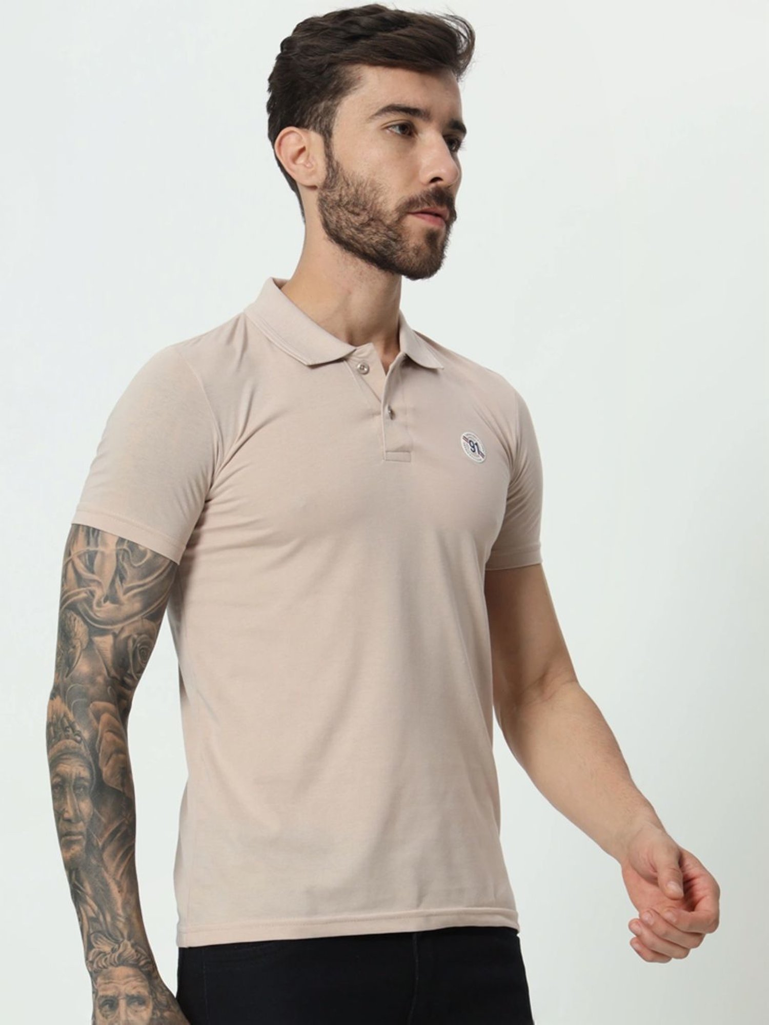 Tab91 Beige Regular Fit Printed Polo T-Shirts