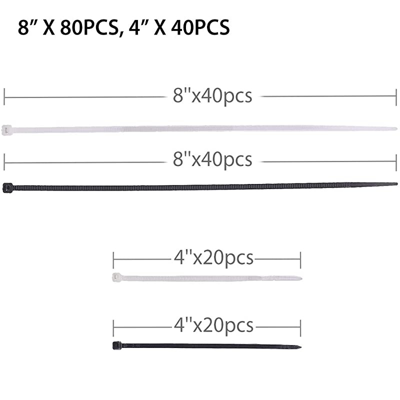 120 Pcs Assorted Sizes Nylon Zip Ties 8 inch & 4 inch, Black & White, Self Locking Plastic Cable Ties Wrap Management Organizer for Home Office Garden Garage & Workshop