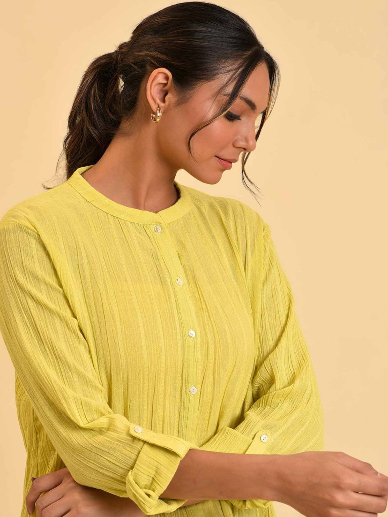 W Yellow Cotton Striped Top