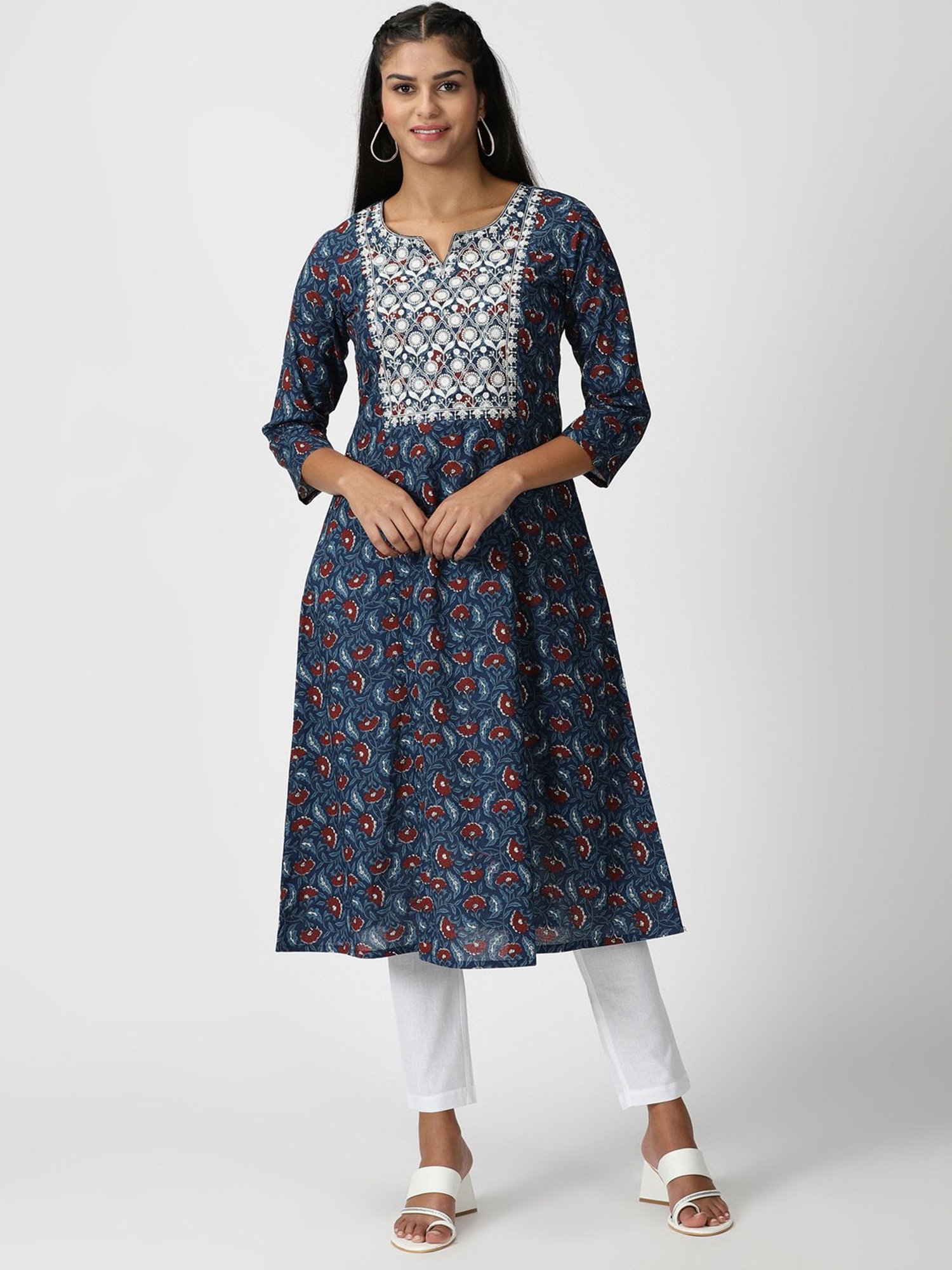 Saffron Threads Blue Cotton Embroidered A Line Kurta
