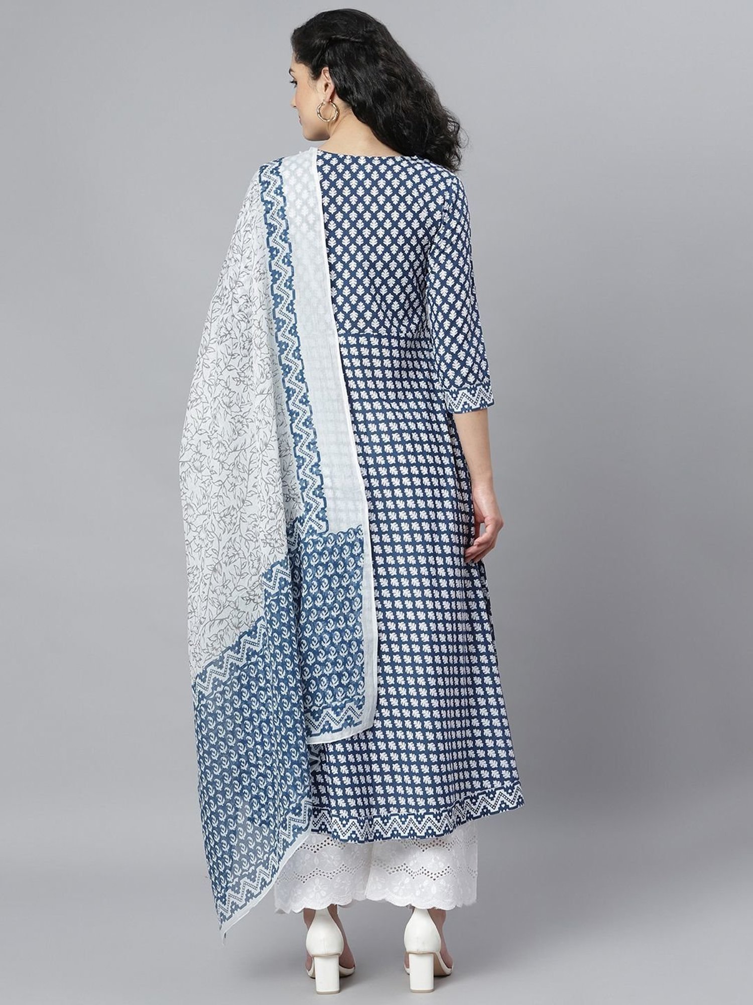 Stylum Blue Cotton Floral Print A Line Kurta With Dupatta