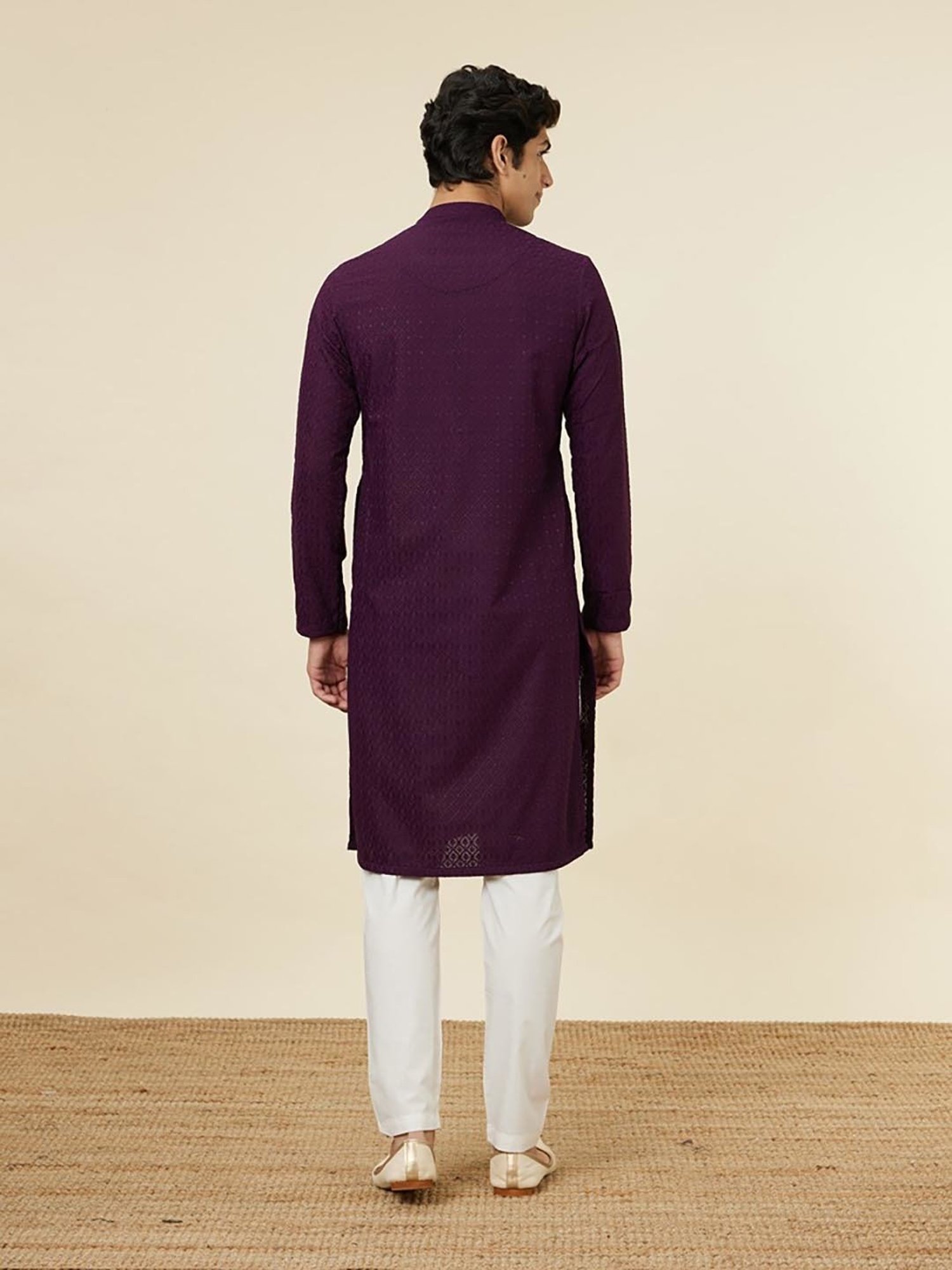 Manyavar Purple & White Regular Fit Embroidered Kurta & Pyjamas Set