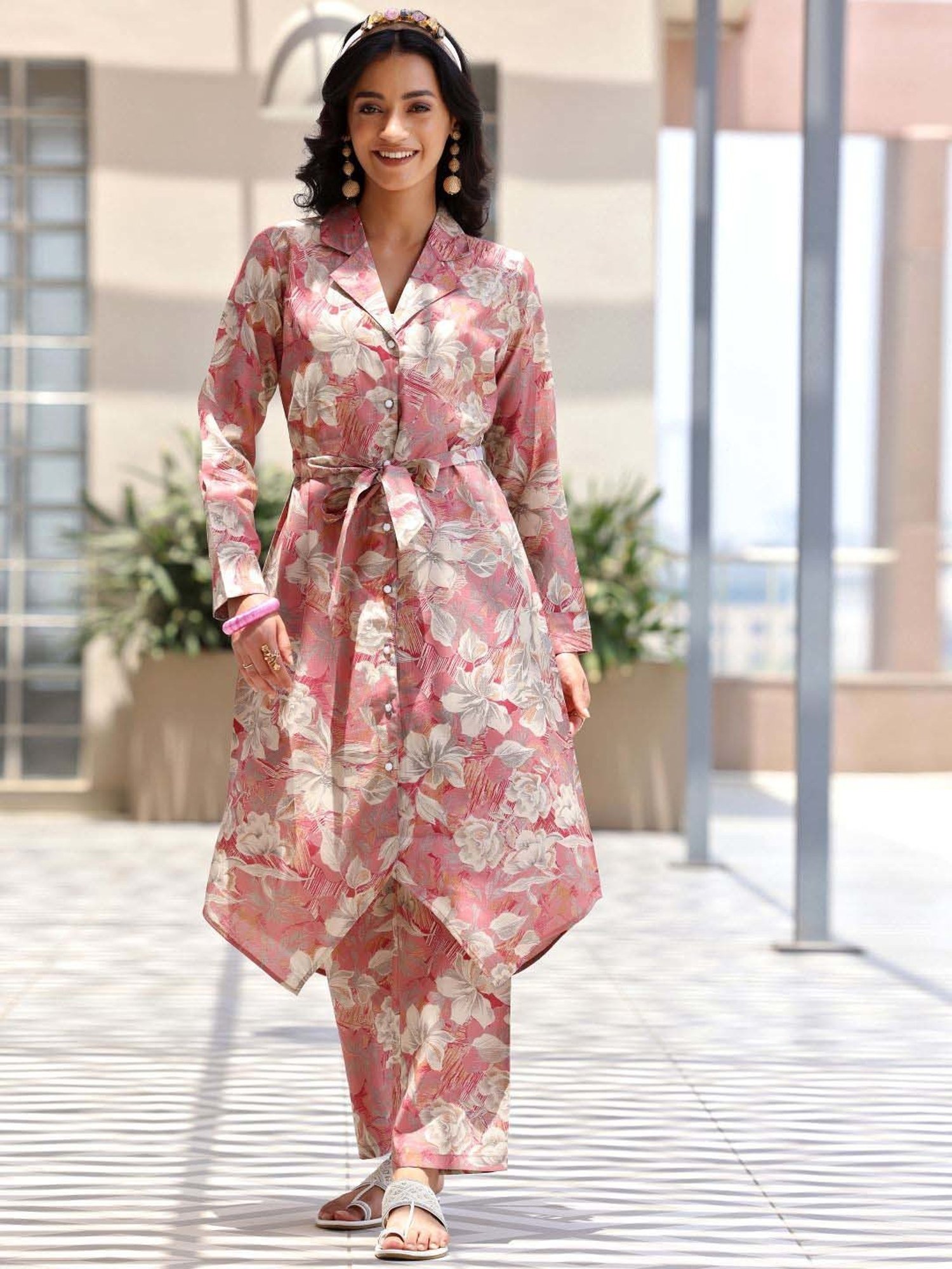 Libas Pink Printed Silk Blend Co-Ords