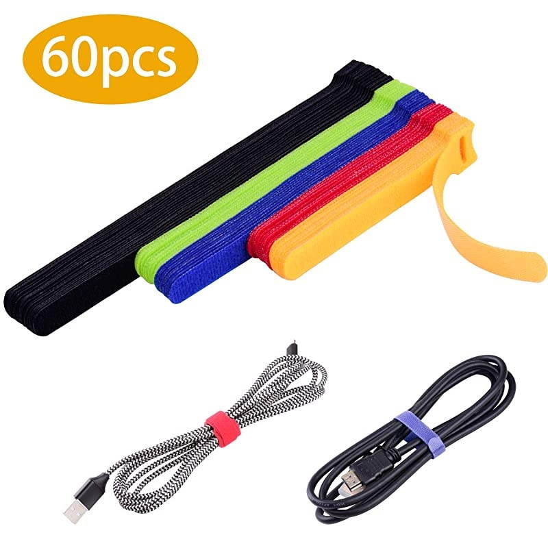 60 Pcs Reusable Fastening Cable Ties with Hook and Loop, Multi-Purpose Cable Straps Wire Ties Cable Management, Adjustable Fastening Cord Ties for Computer/TV/Electronics, 3 Sizes and 5 Colors