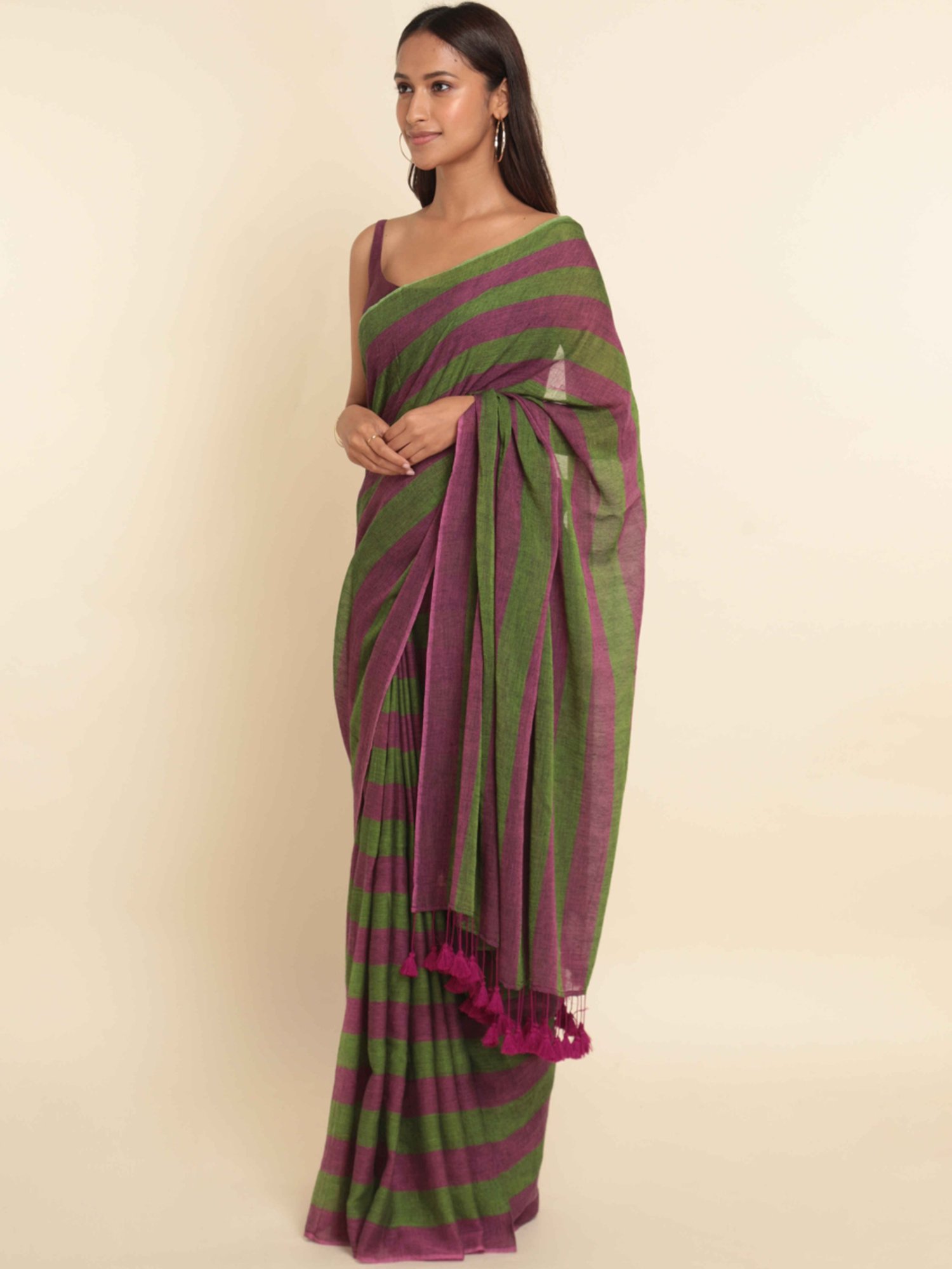 Suta Green & Pink Cotton Striped Saree Without Blouse