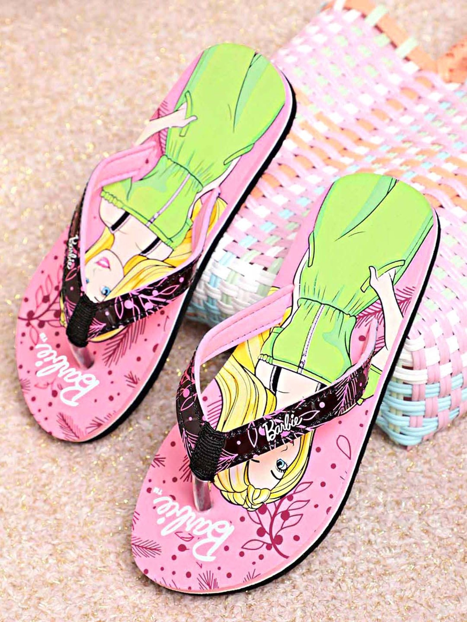Kidsville Barbie Printed Pink & Green Flip Flops