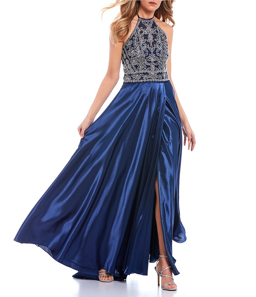 Blondie Nites Halter-Neck Embroidered-Bodice Side Slit Charmeuse Ball Gown