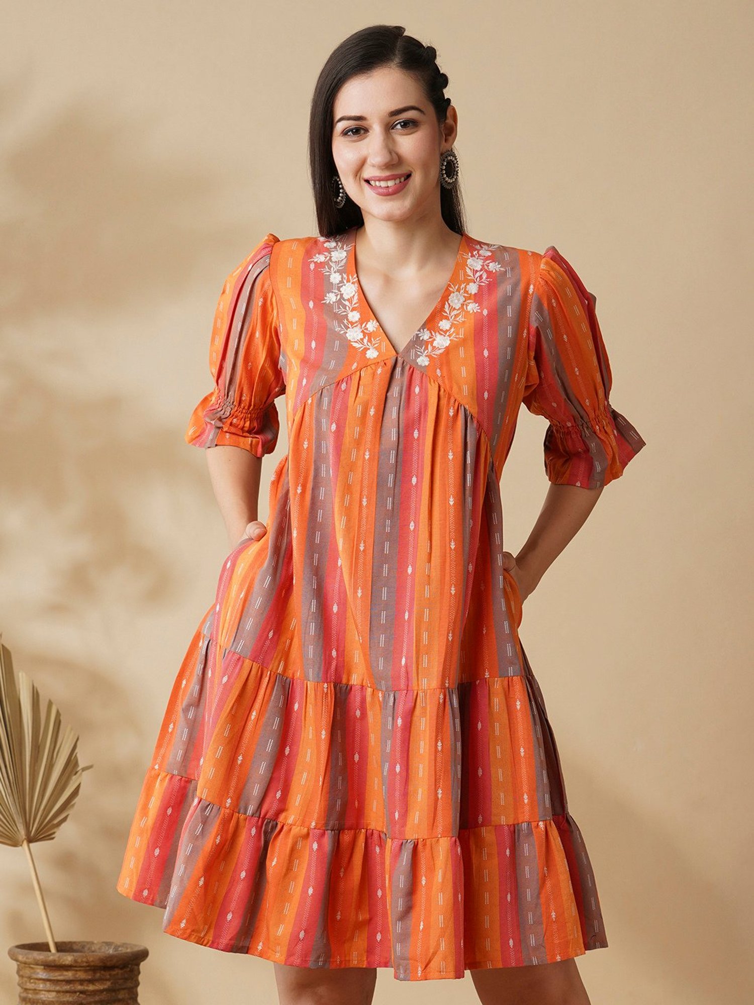 Globus Orange Cotton Embroidered A Line Dress