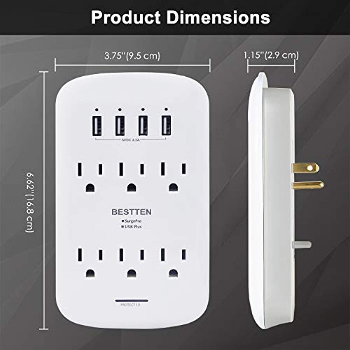 BESTTEN USB Wall Outlet Surge Protector (1200 Joules), 6 Grounded Outlets with 4 USB Charging Ports (5V/4.2A) and Top Phone Holder, ETL Listed, White