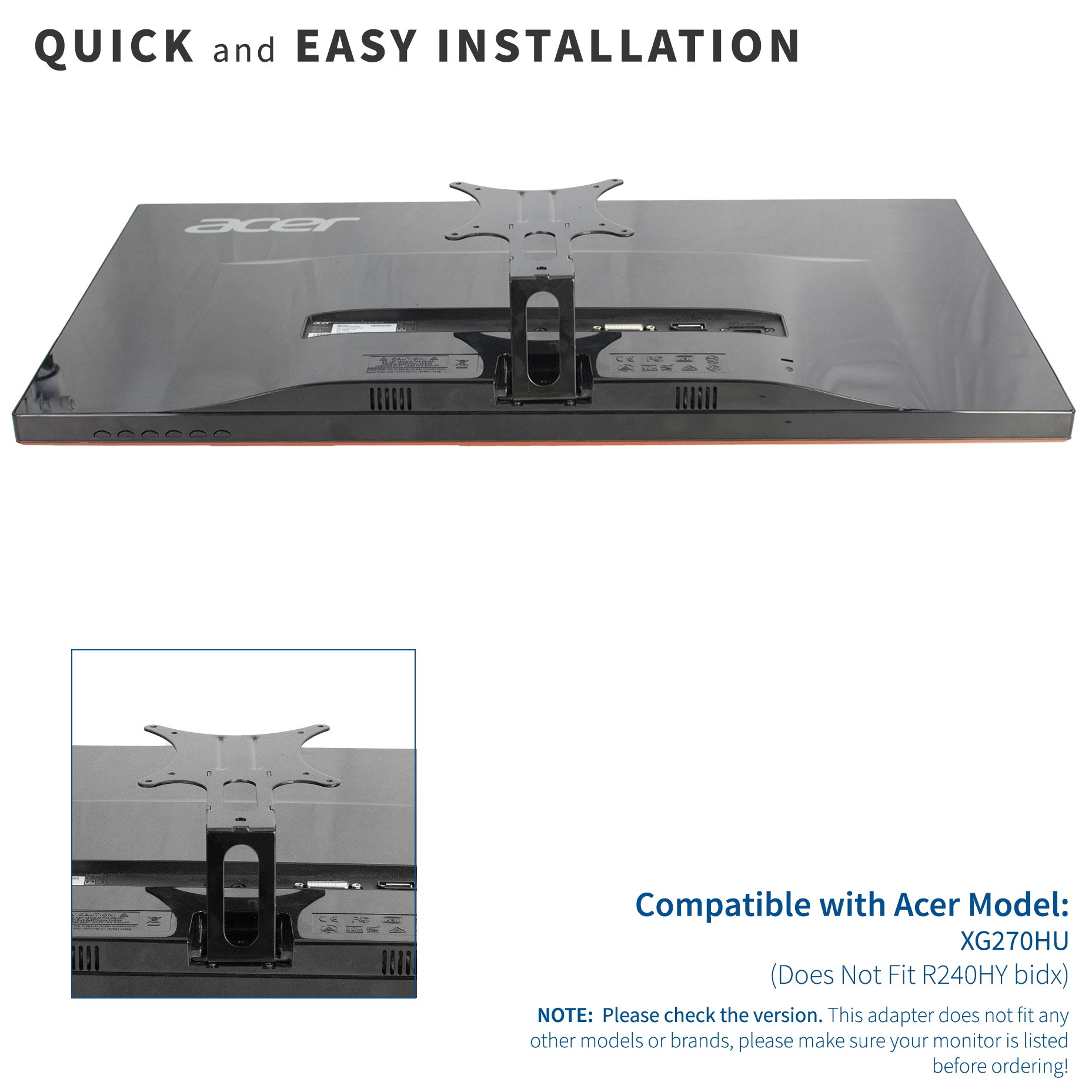 VIVO Quick Attach VESA Mount Adapter for Acer Monitors | Fits Model XG270HU (MOUNT-AR27HU)