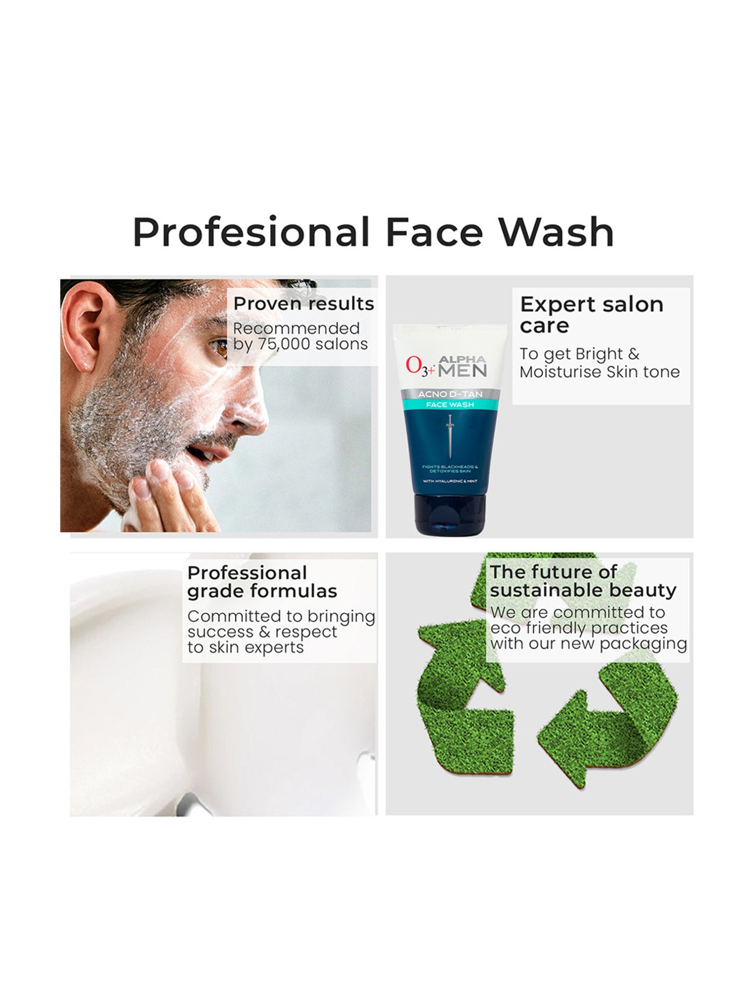 O3+ Alpha Men Acno D-Tan Face Wash with Hyaluronic & Mint - 50 ml