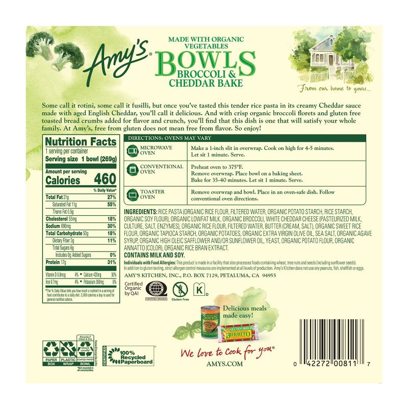 Amy's Broccoli & Cheddar Frozen Bake Meal Bowls  - 9.5oz