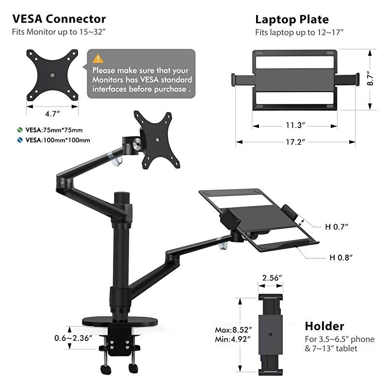 Monitor and Laptop or Tablet Mount 3in1 Adjustable Dual Arm Desk Stands Monitor Arm for 1732 Computer Screens Tablet Arm for 413 TabletPhone Extra Tray Fits 1217 Laptop OL3TBR