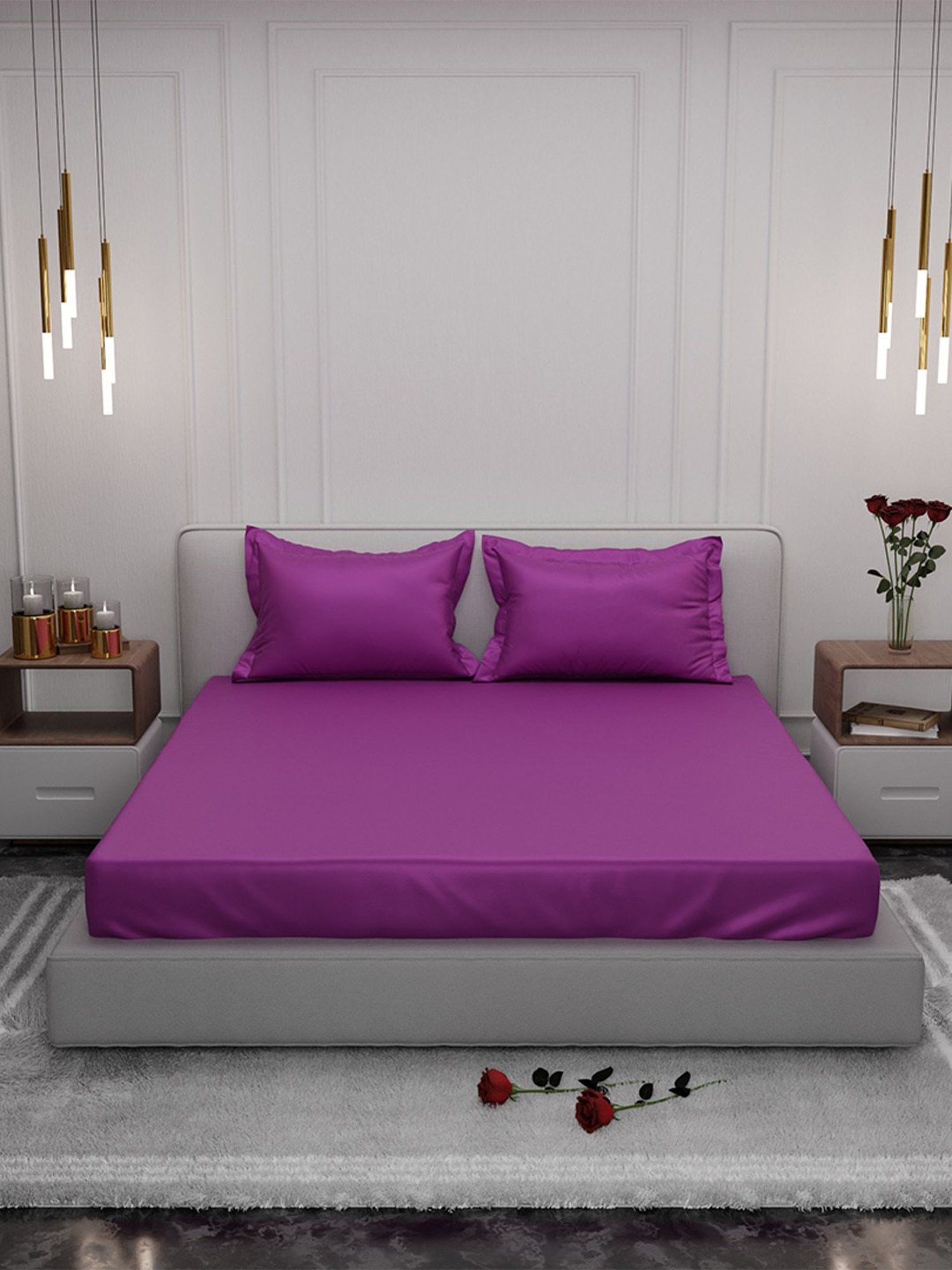 Stoa Paris Purple 300 TC Polyester King Fitted Sheet with 2 Pillow Covers