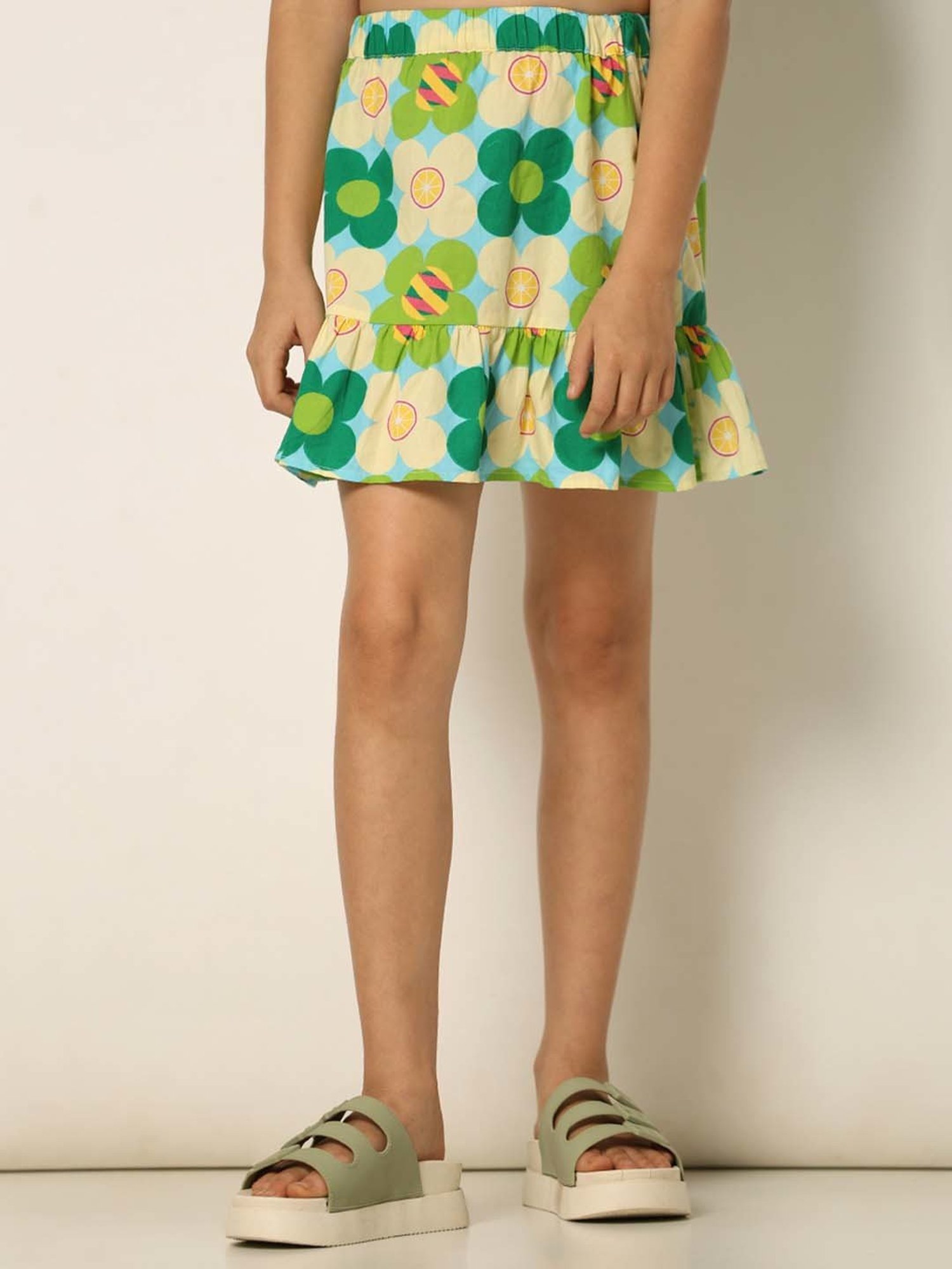 VERO MODA GIRL Green & Cream Cotton Floral Print Skirt