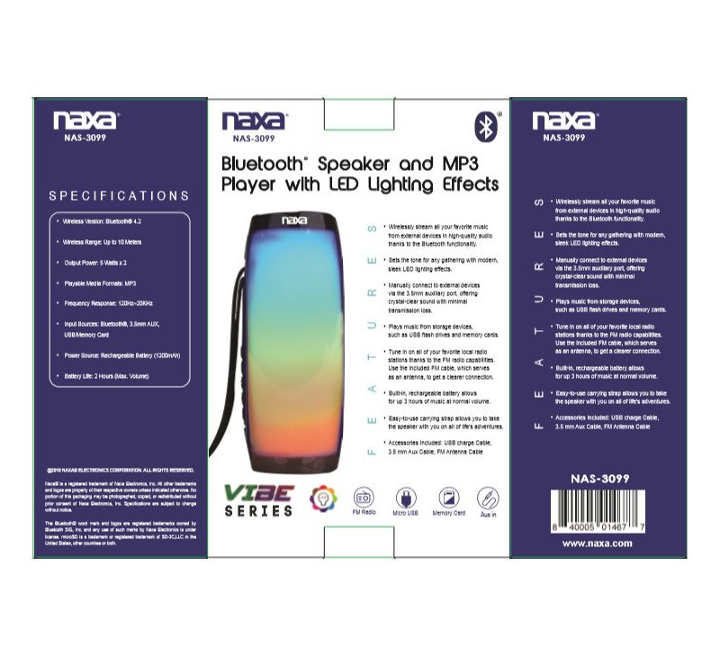 Naxa VIBE NAS-3099 Bluetooth Speaker System - Black - 120 Hz to 20 kHz - Battery Rechargeable - USB