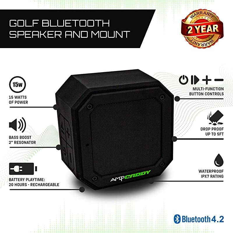 Golf Bluetooth Speaker with Mount,  Version 3 Pro Bluetooth Speaker and Mount with Loud Stereo Sound and Bass Boost, 20-Hour Playtime, Extended Bluetooth Range, Waterproof (15 Watts)