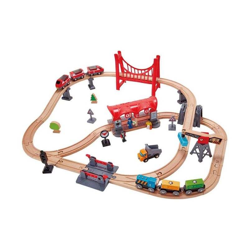 Hape Busy City Themed Magnetic Kids Toddler Play Freight Train Railway Station Toy Set with Passenger Train, Fright Train, and Station
