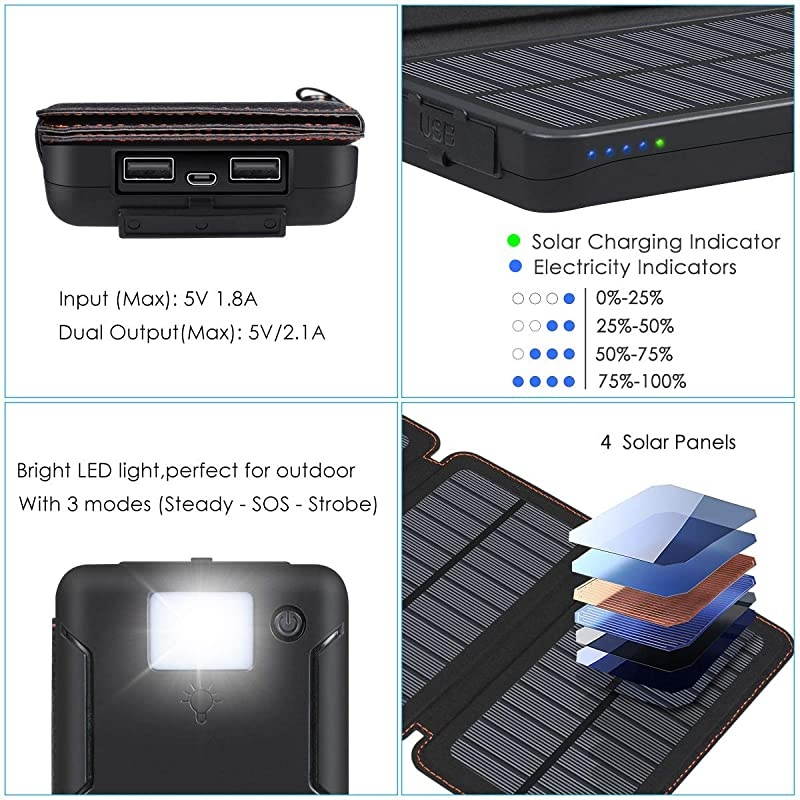 Solar Charger 25000mAh Solar Power Bank with 4 Foldable Solar Panels and 2 Ports, Portable Phone Charger for Outdoor Camping Hiking Compatible with Smartphones and Tablets