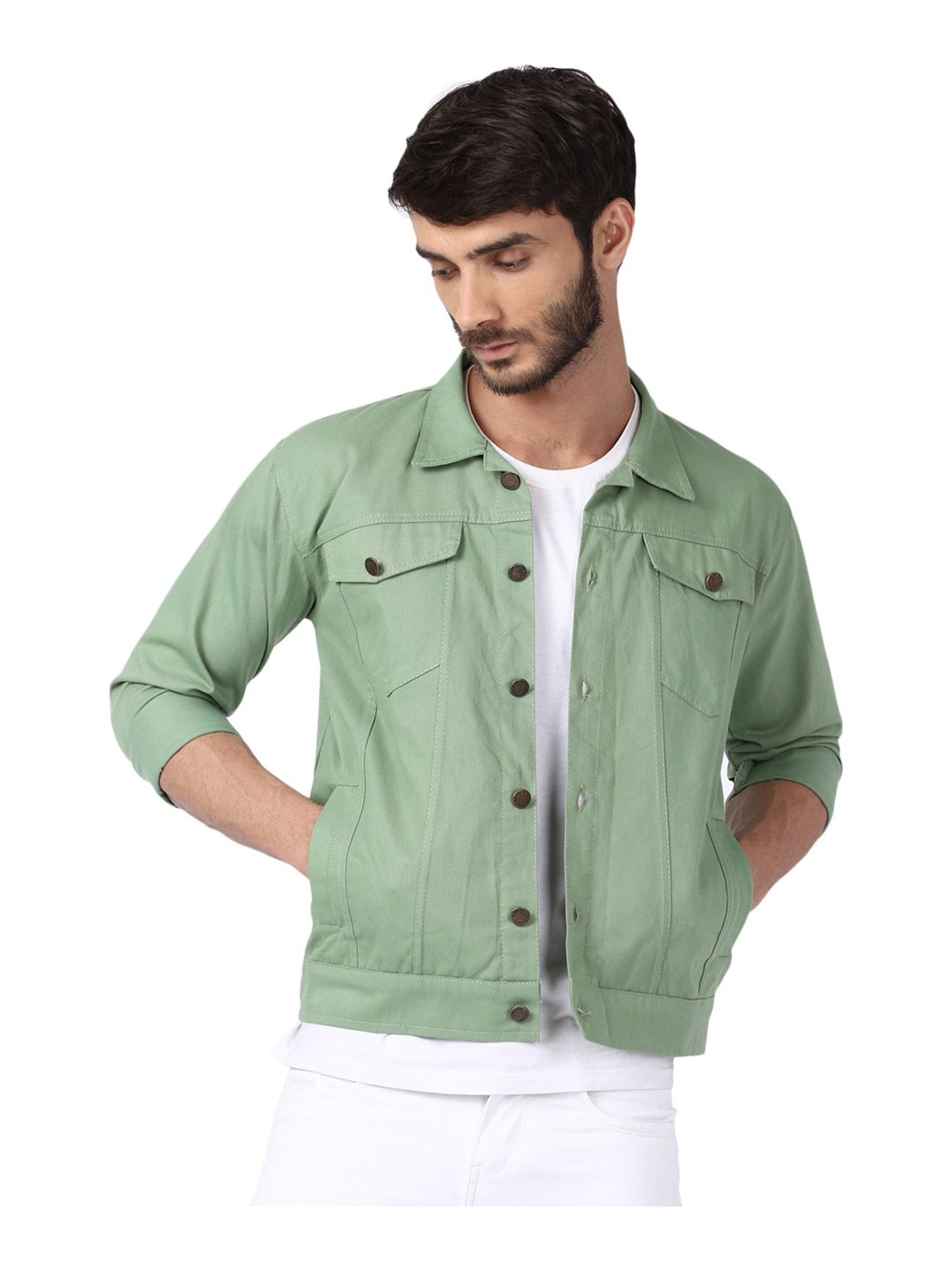 VOXATI Light Green Full Sleeves Shirt Collar Denim Jacket