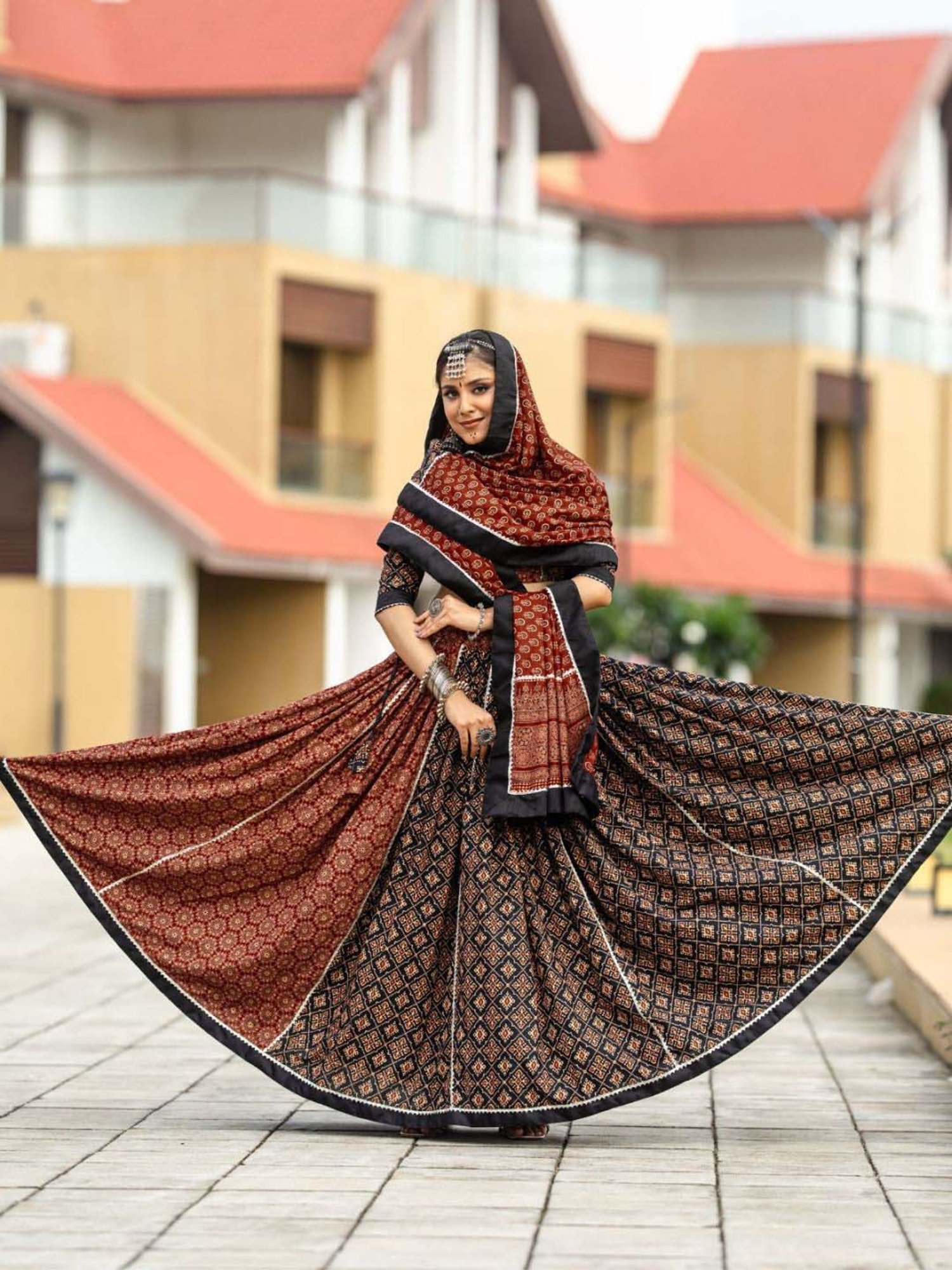 Odette Black & Maroon Cotton Printed Lehenga Choli Set With Dupatta