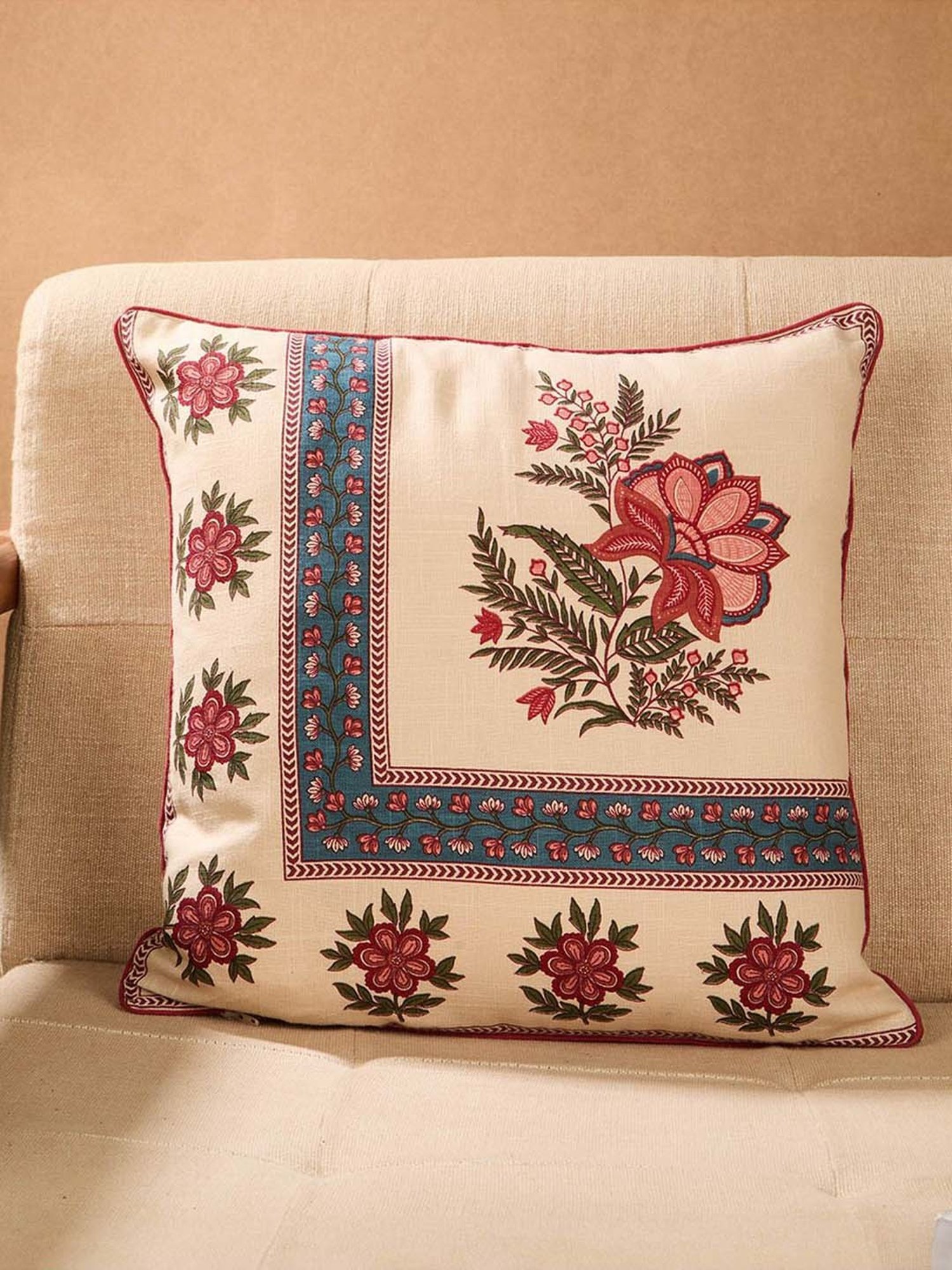 Fabindia Home Red Cotton Printed Gulzar Cushion Cover