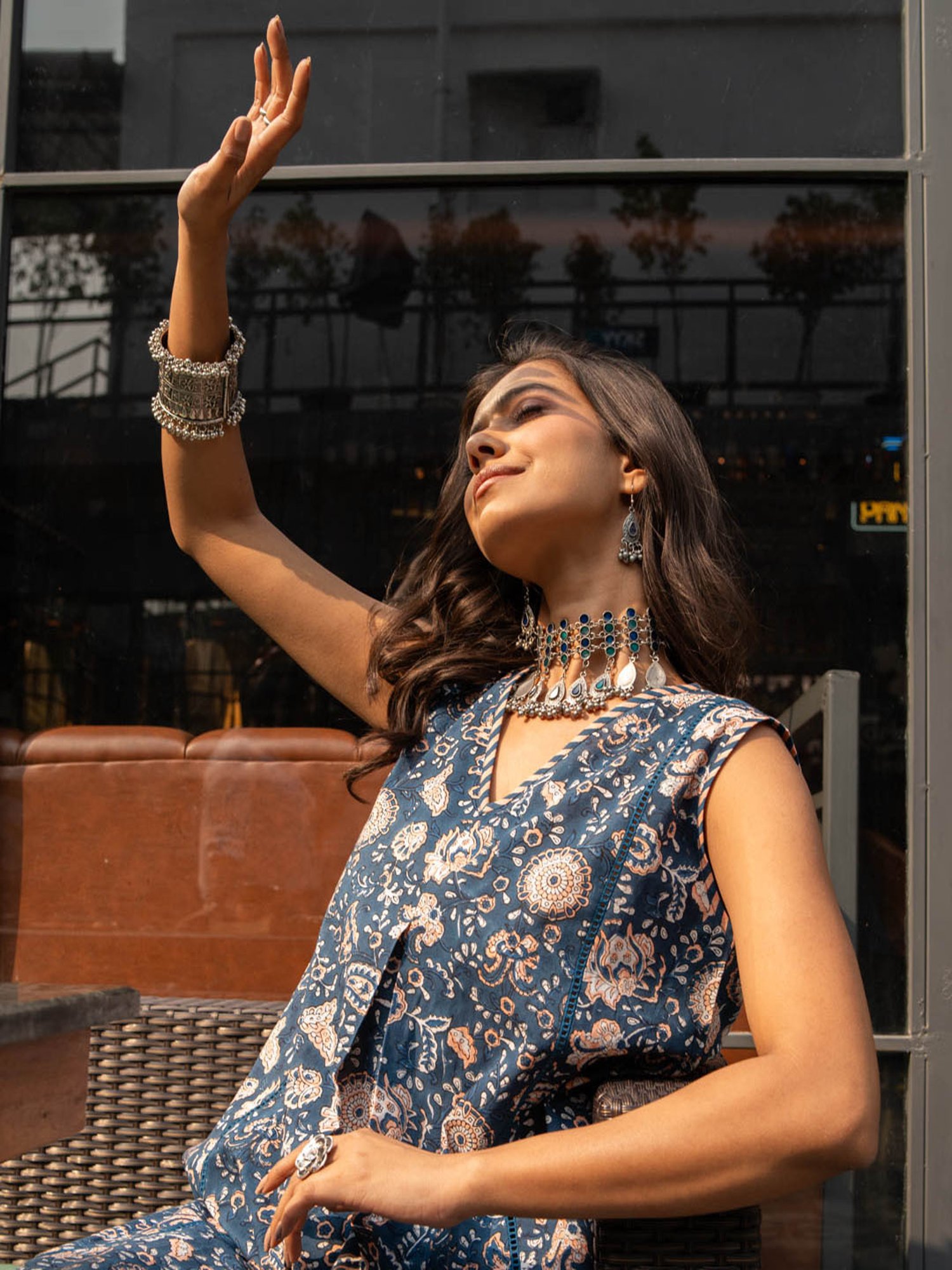 Akiso Blue Block Printed Flared Front Pleated Kurta Set (Set Of 2)