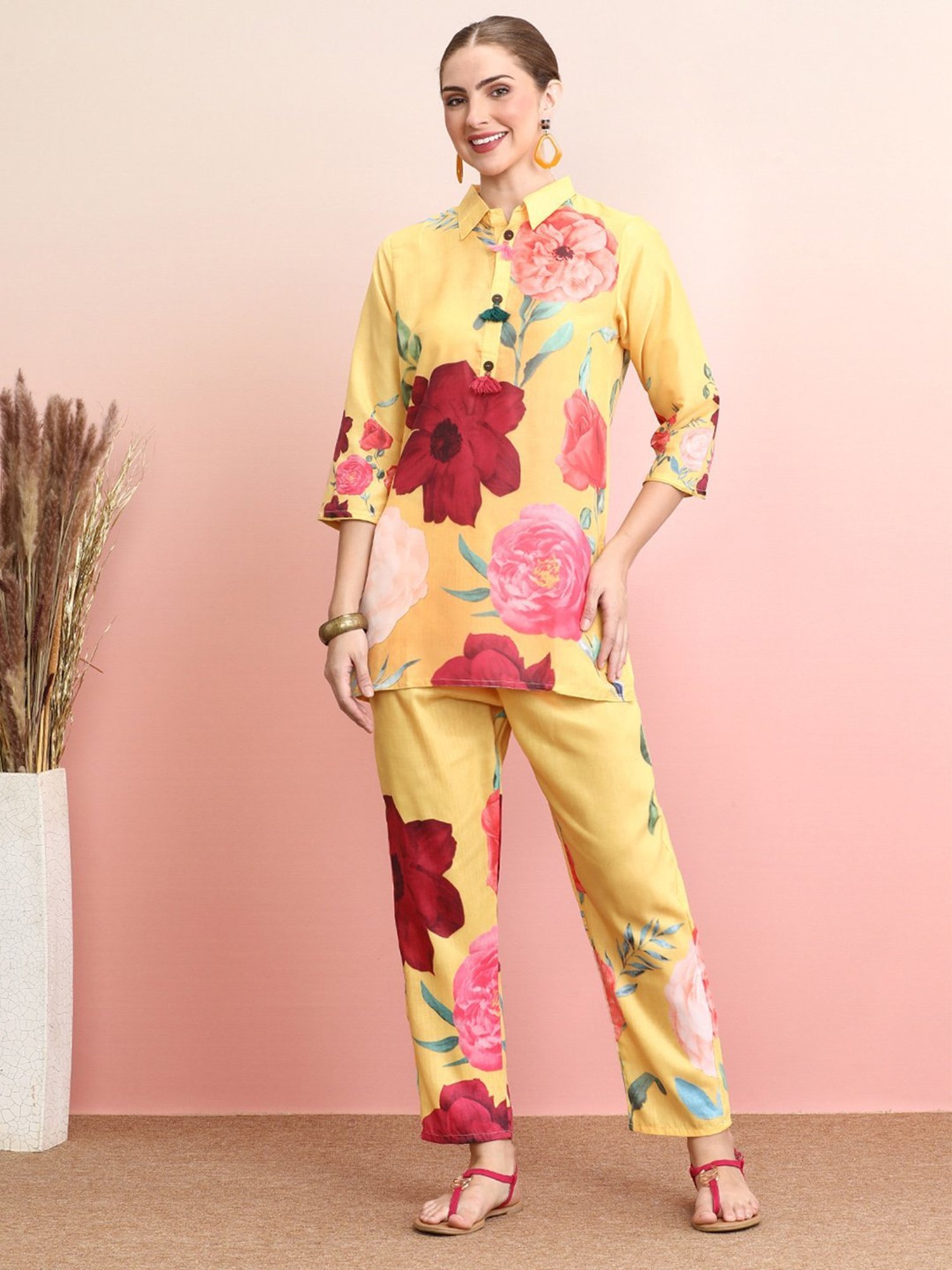 Indo Era Yellow Floral Print Tunic Pant Set