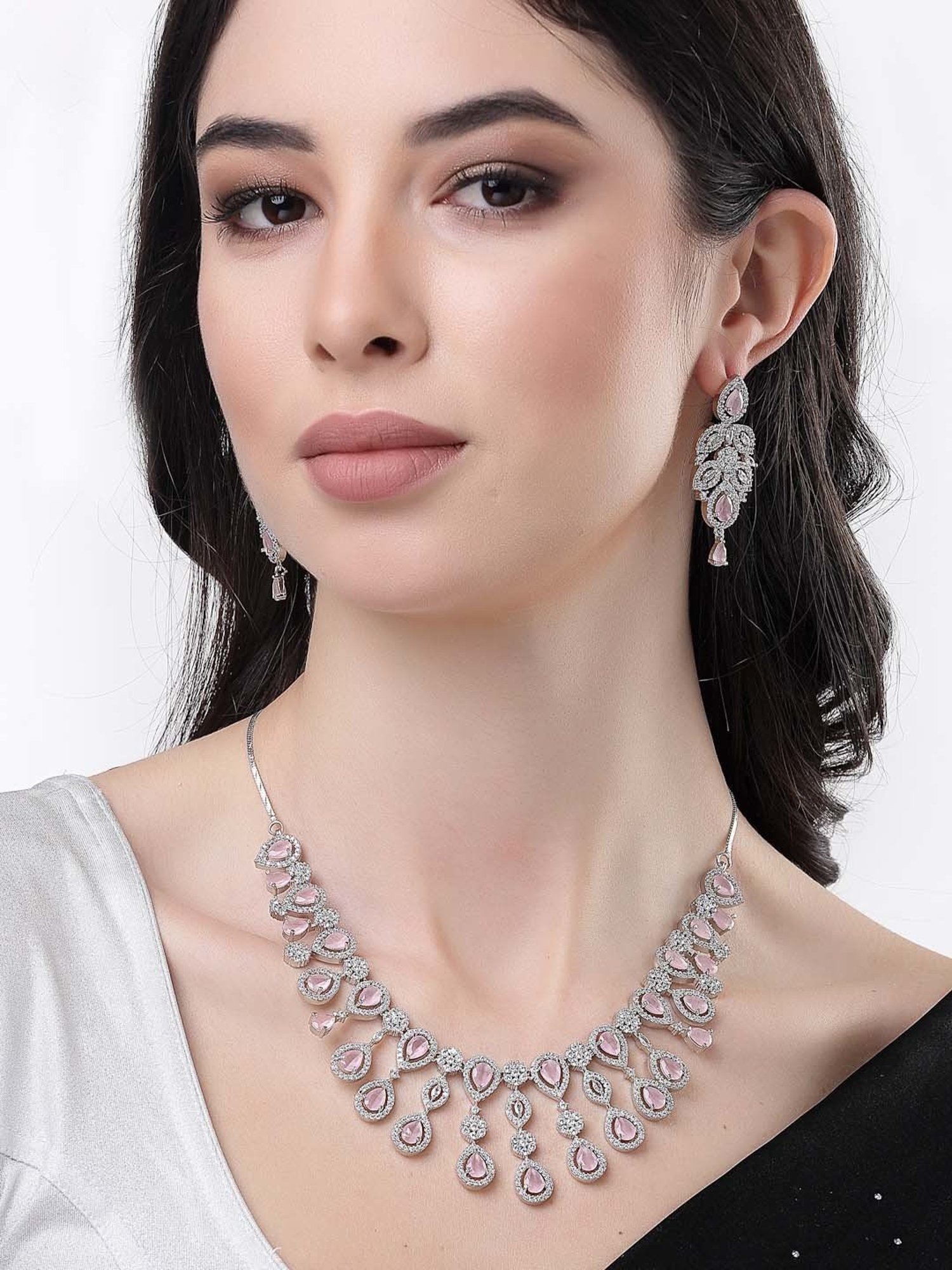 NVR Silver Plated & Pink CZ Stone Handcrafted Jewellery Set For Women