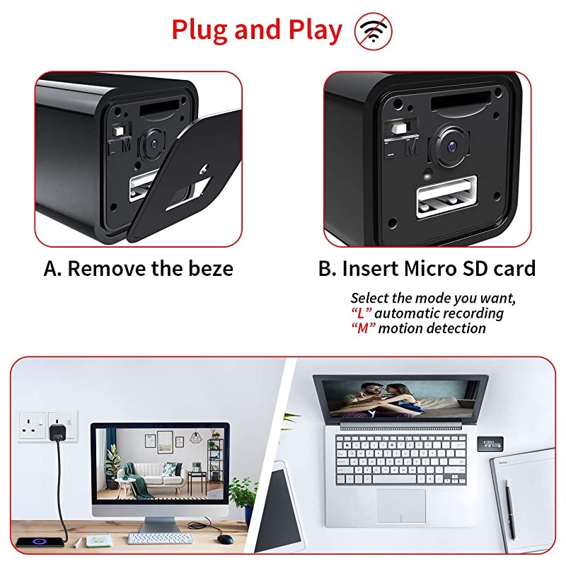 Camera Charger WiFi,USB Spy Camera Charger,Spy Cameras Wireless 1080P HD Live Streaming with App, Nanny Cam Motion Activated, with 32GB MicroSD Card Class 10