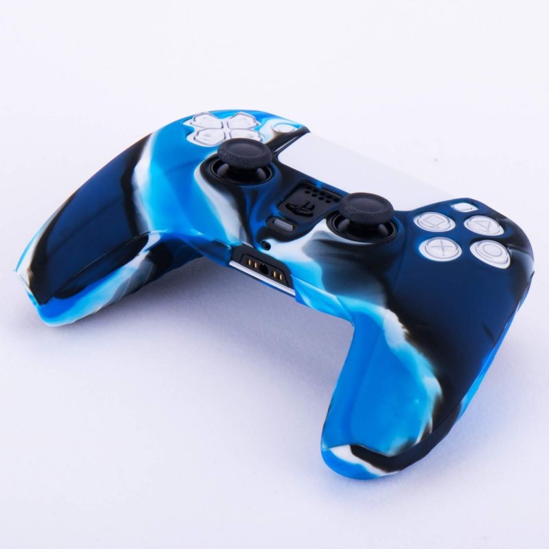 Silicone Cover Skin Case for Sony PS5 Dualsense Controller x 1(Camouflage Blue) with Thumb Grips x 10