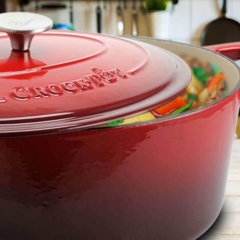 Crock-Pot 109470.02 7 Quart Durable Oval Enamel Cast Iron Covered Dutch Oven Slow Cooker, Red
