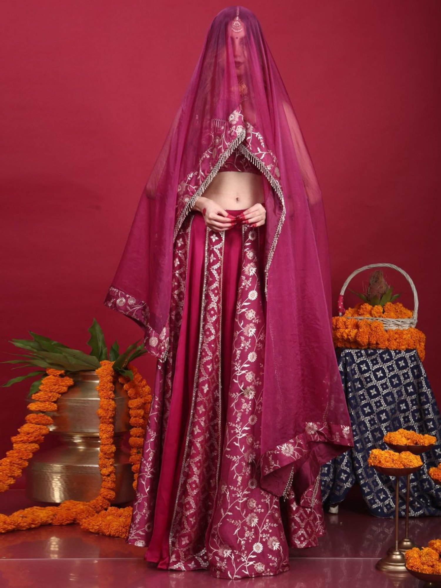 Monk and Mei Kora Kashi Plum Purple Leela-Brocade Lehenga Set