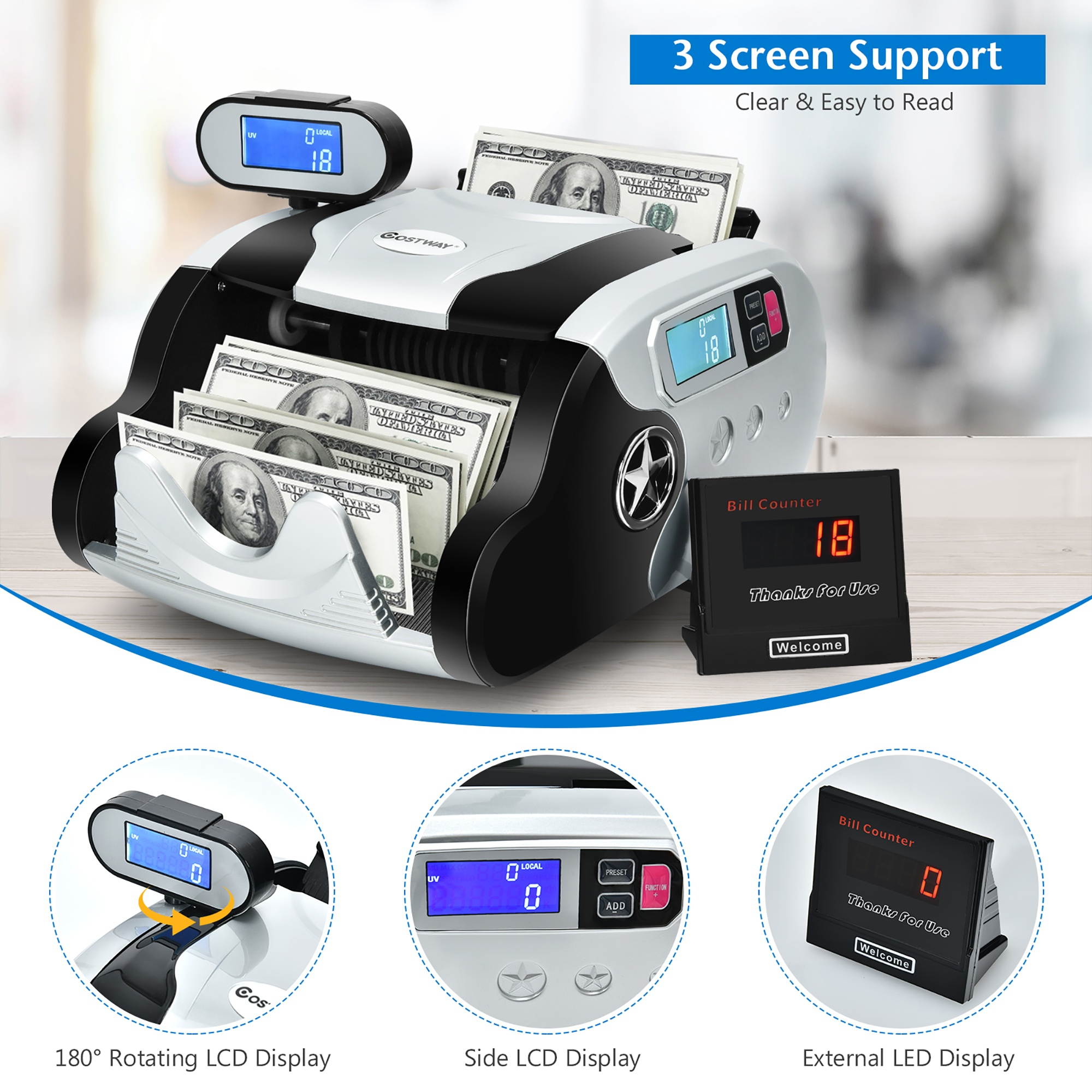 Costway Money Counter Bill Counting Machine w/ UV/MG/IR/MT Counterfeit Detection