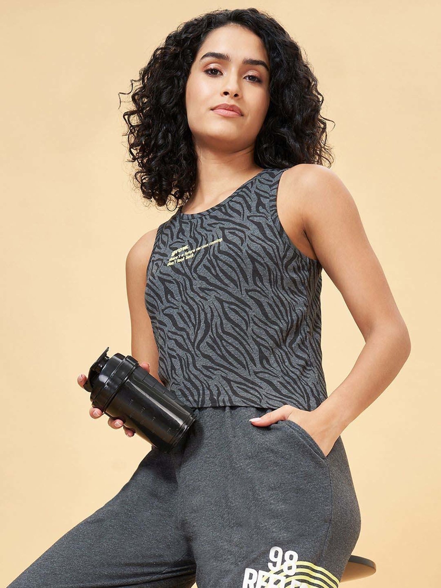 Ajile by Pantaloons Black Cotton Printed Tank Top