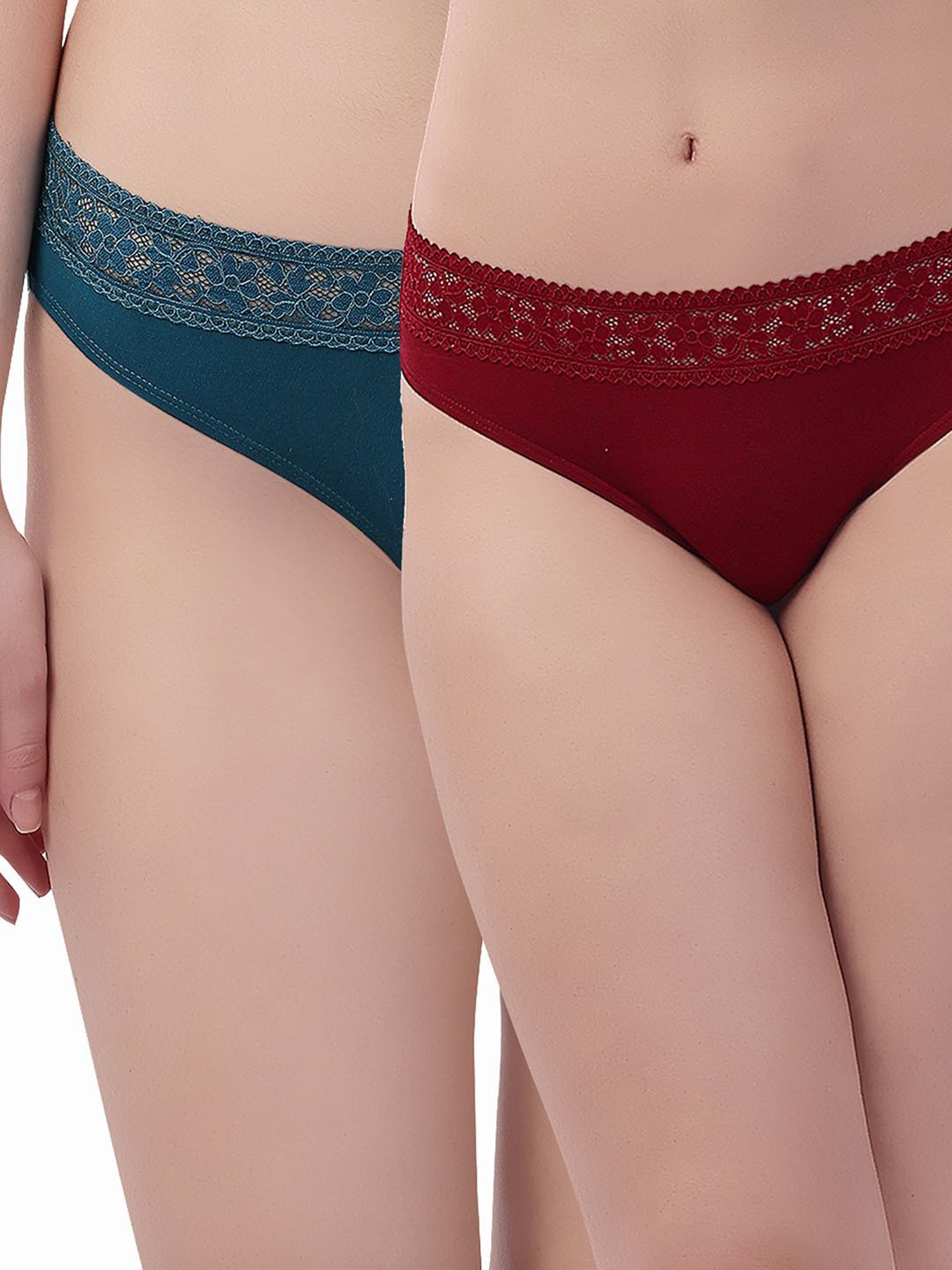 Soie Teal & Maroon Lace Hipster Panty - Pack of 2