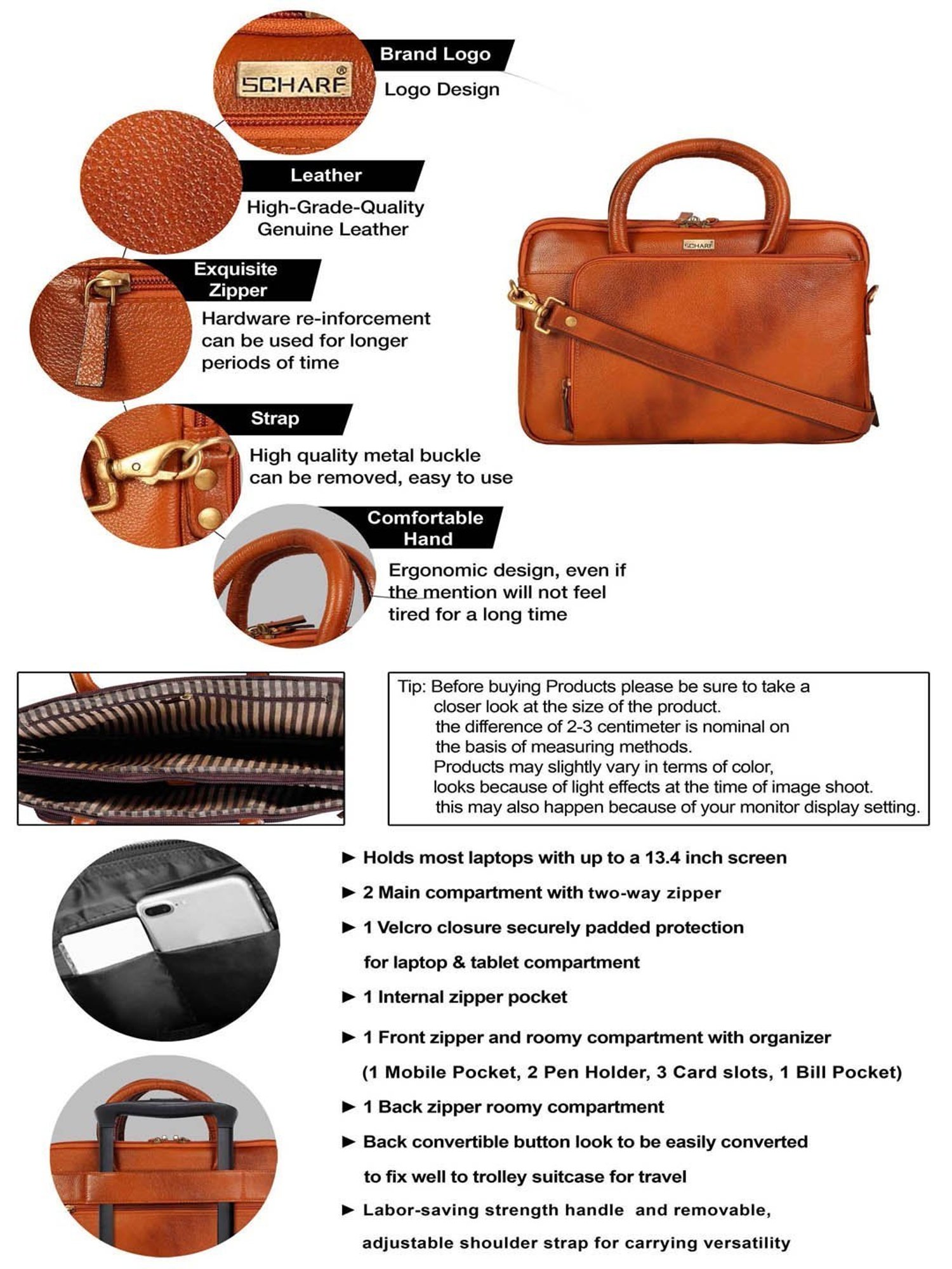 SCHARF Casa Grace Tan Leather Medium Laptop Messenger Bag - 13.4 inches