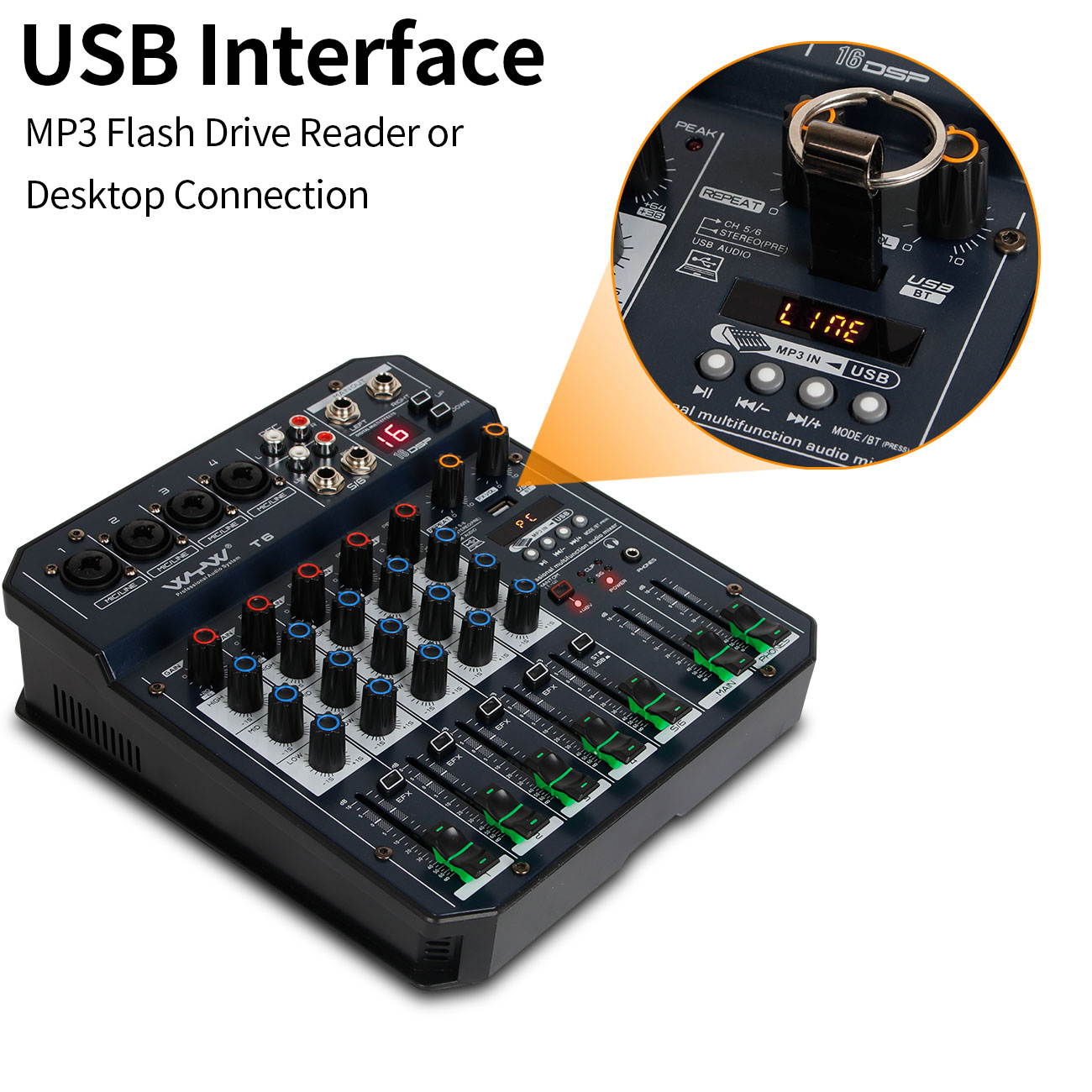 Depusheng T6 Audio Mixer 6-CHANNEL DJ Sound Controller Interface with USB for PC Recording, XLR Microphone Jack PLUS HEADPHONE JACK, 5V USB Power CONNECT,FX 16Bit DSP Processor