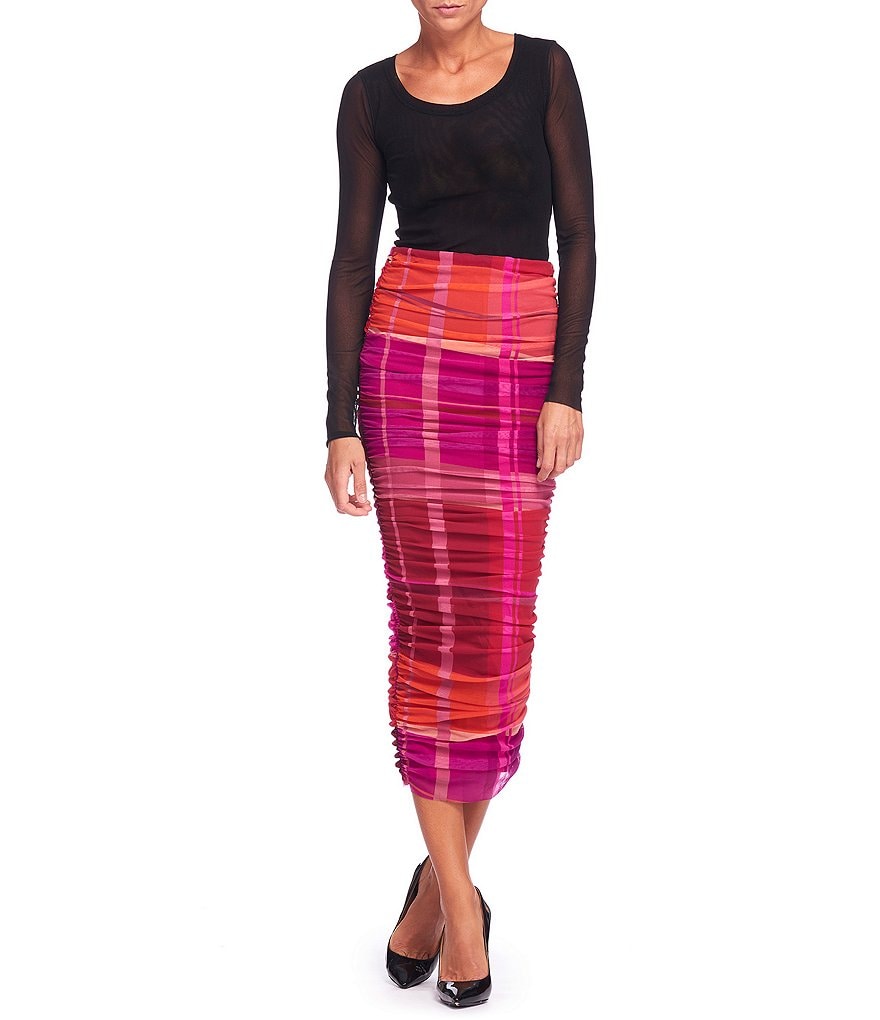 FUZZI Tulle Mesh Plaid Convertible Ruched Midi Pencil Skirt
