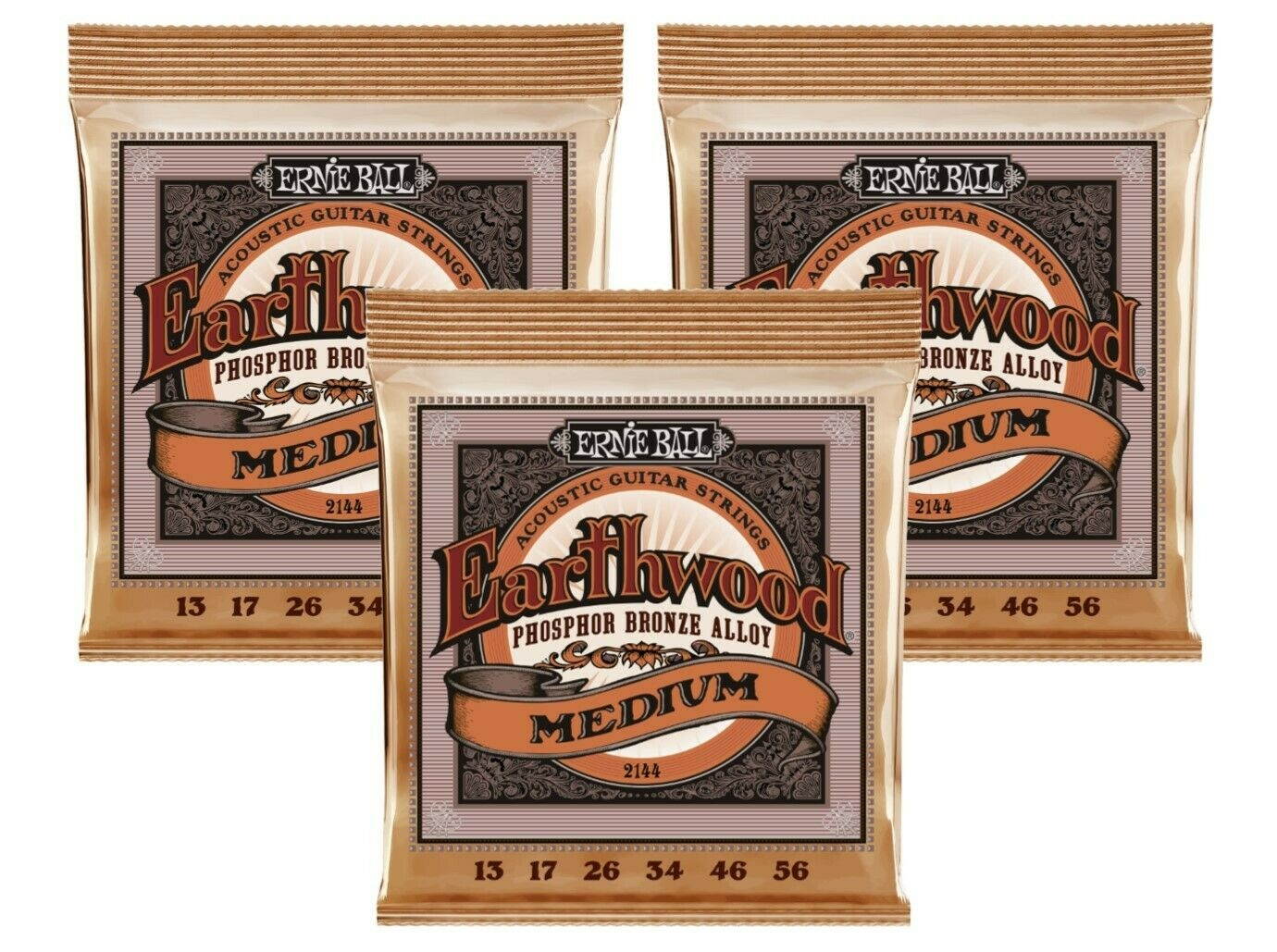 3 PACK Ernie Ball 2144 Earthwood Phosphor Bronze Alloy Med Strings (13-56)