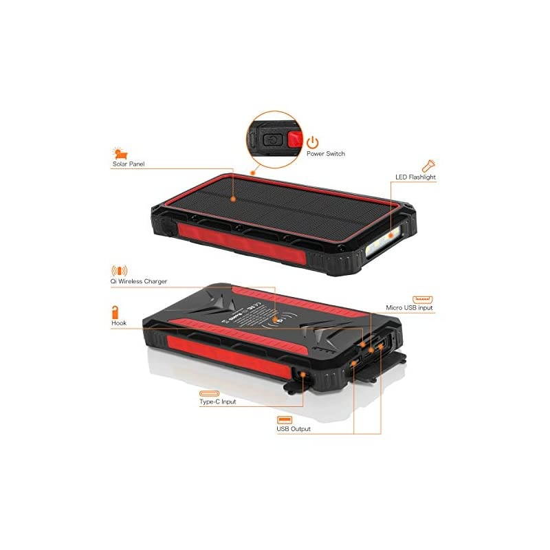 Charger, 20000mAh Power Bank Wireless Charger Portable External Battery Pack with 4 LED Light 3 Output Ports Carabiner IP54 Rainproof for Camping, Outdoor Activities (Black)