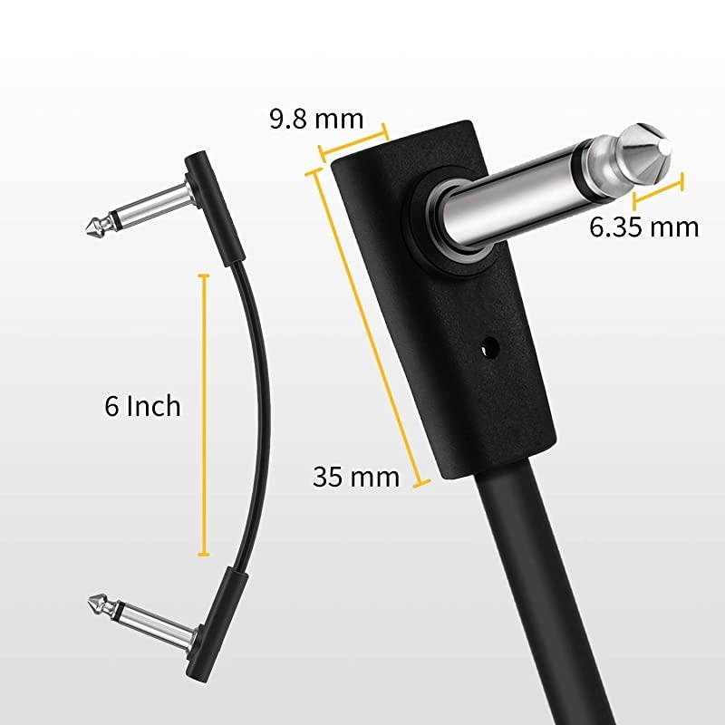 Flat Patch Cables for Guitar Effect Pedal 6 Inch Save Space Clear Sound 1/4" TS Right Angle 3 Packs