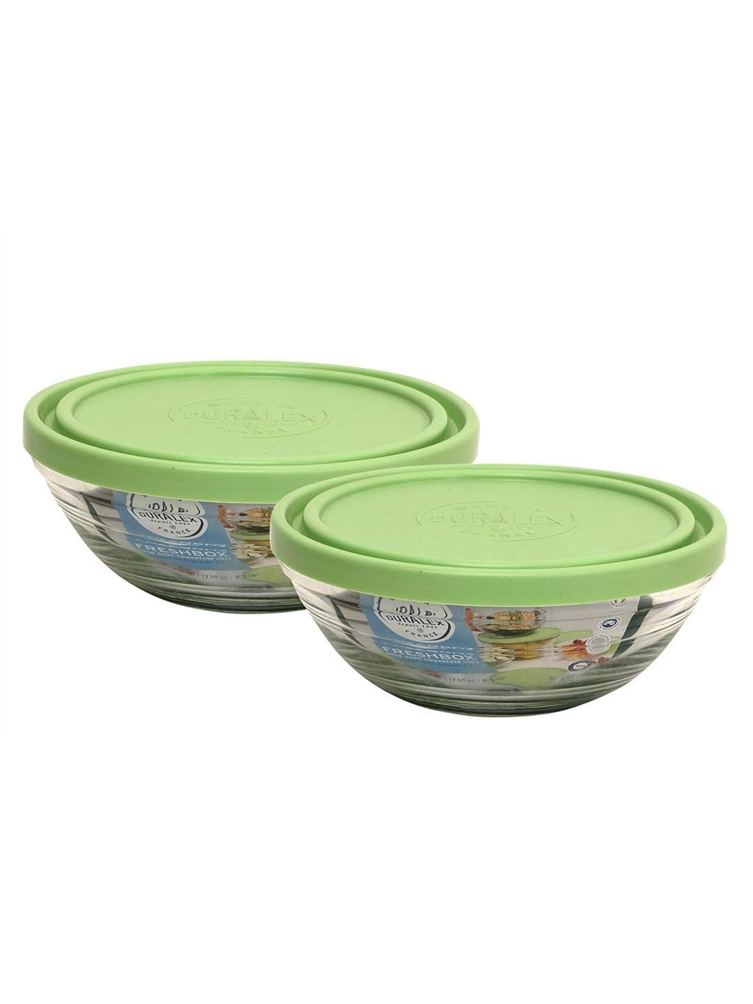Duralex 'Freshbox' Transparent & Green Glass 20.5 cm Container With Lid (2.59 L) - Set of 2